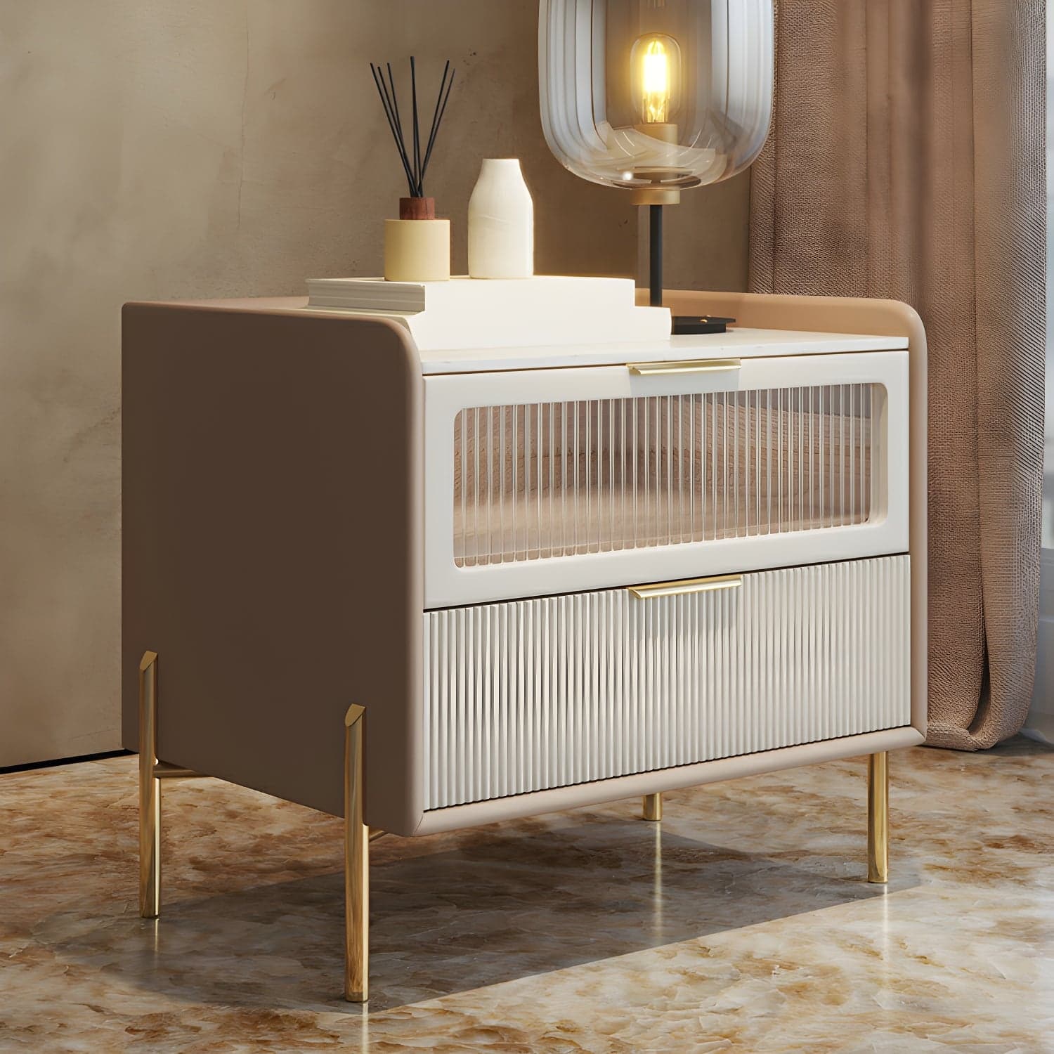 Glam 4 Gold Legs Storage Drawer Nightstand with Glass Drawer Door - image 4