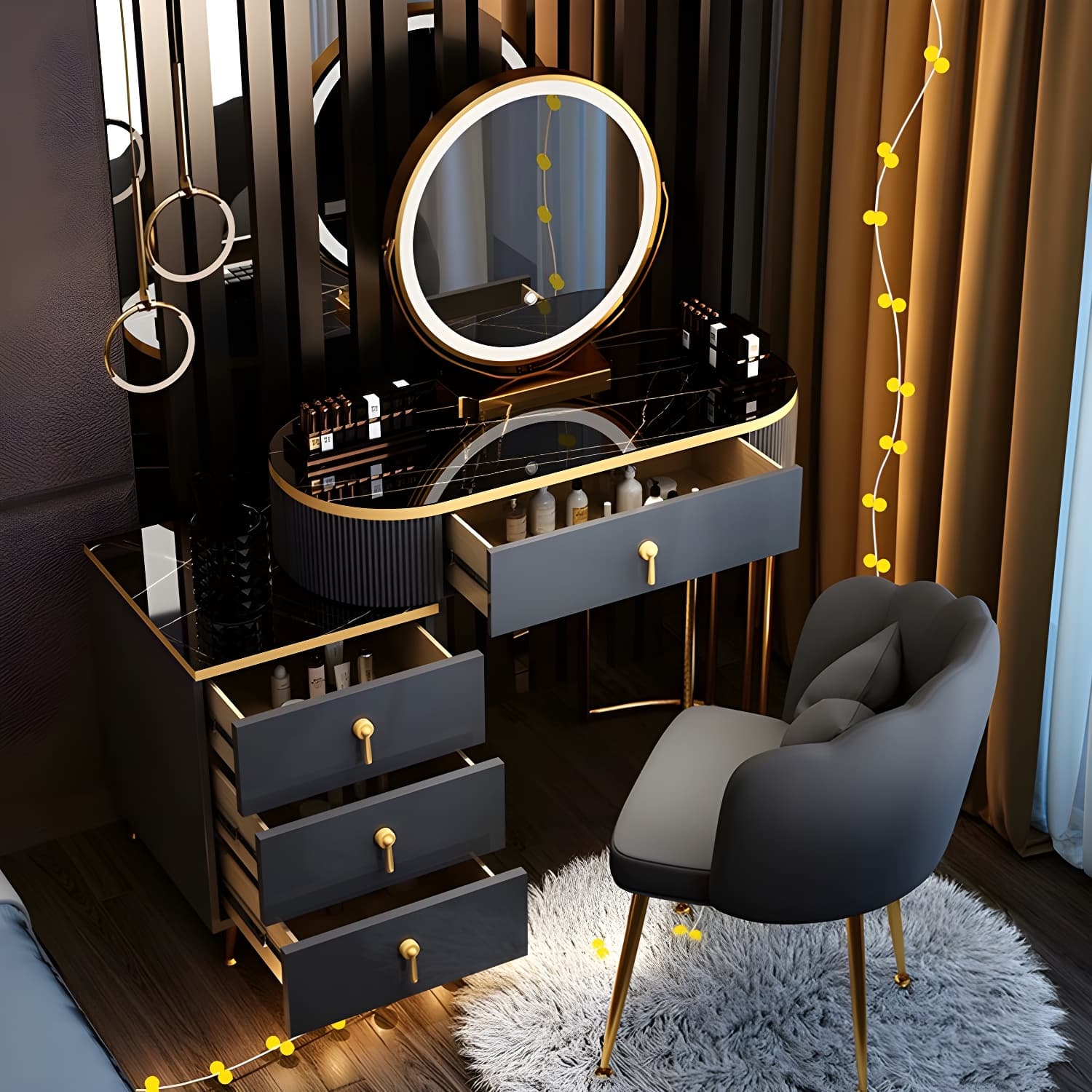 Contemporary Vanity Makeup Dressing Table Stool Set with Storage Drawers