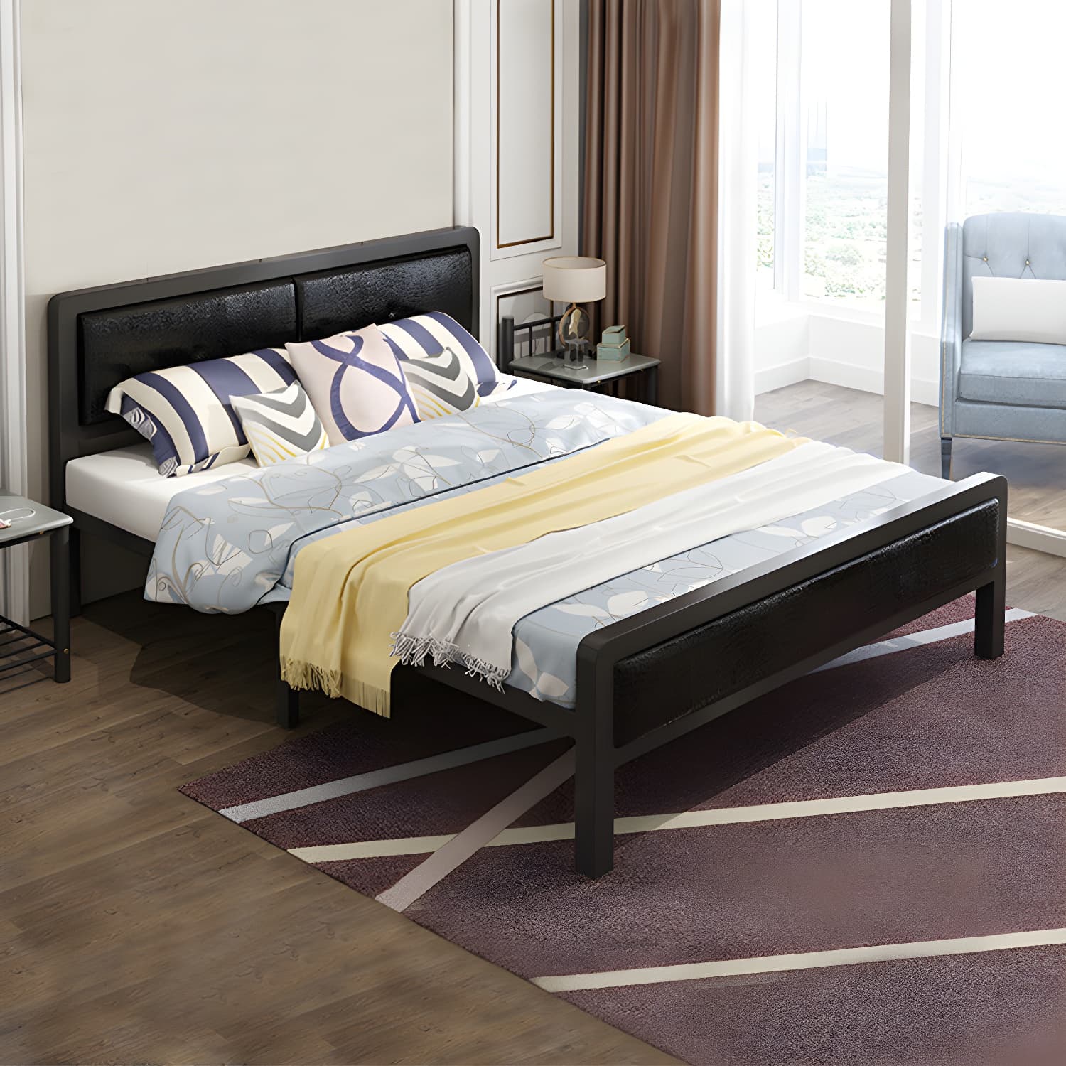 Contemporary Metal Standard Bed, Panel Rectangular Headboard Bed