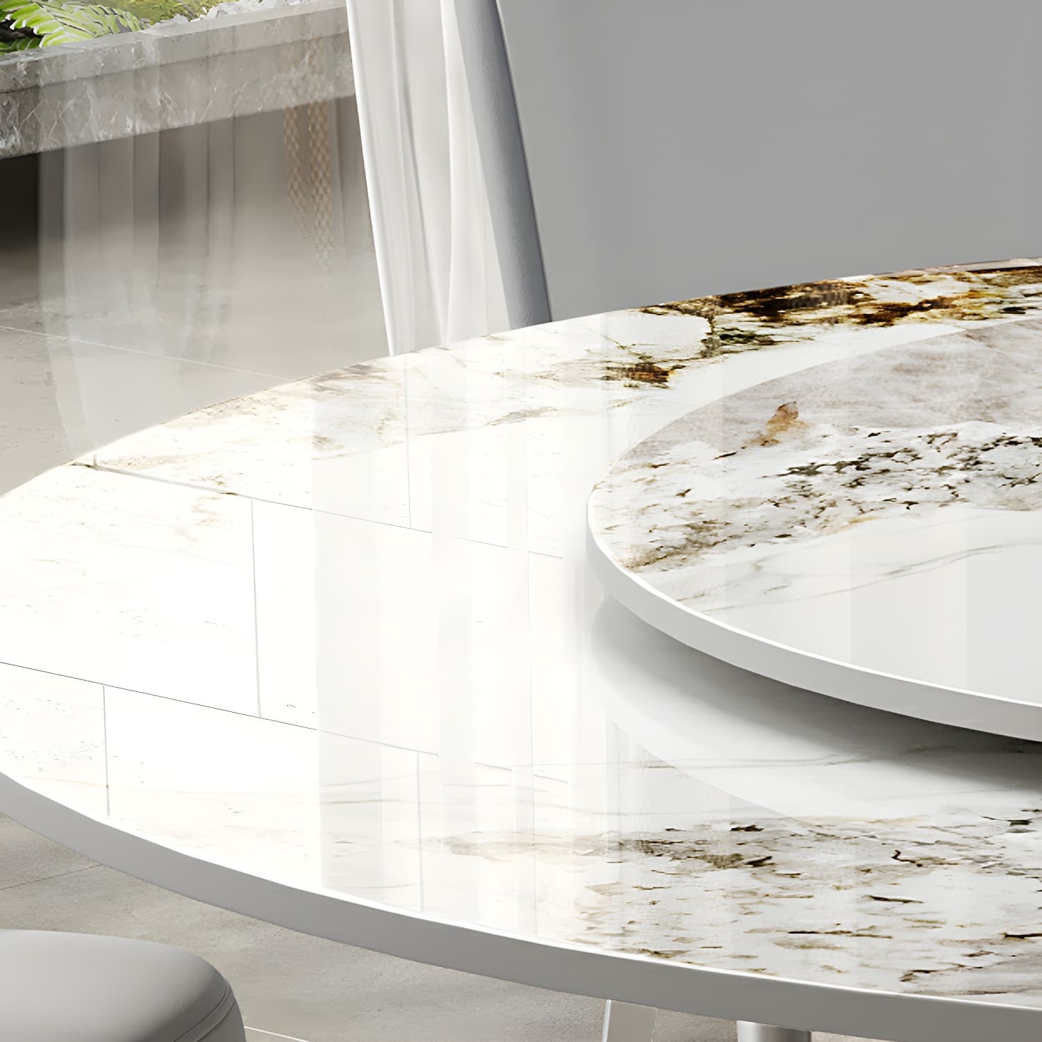 Stunning White Stone Round Dining Table with Lazy Susan and Silver Steel Pedestal Base - image 7