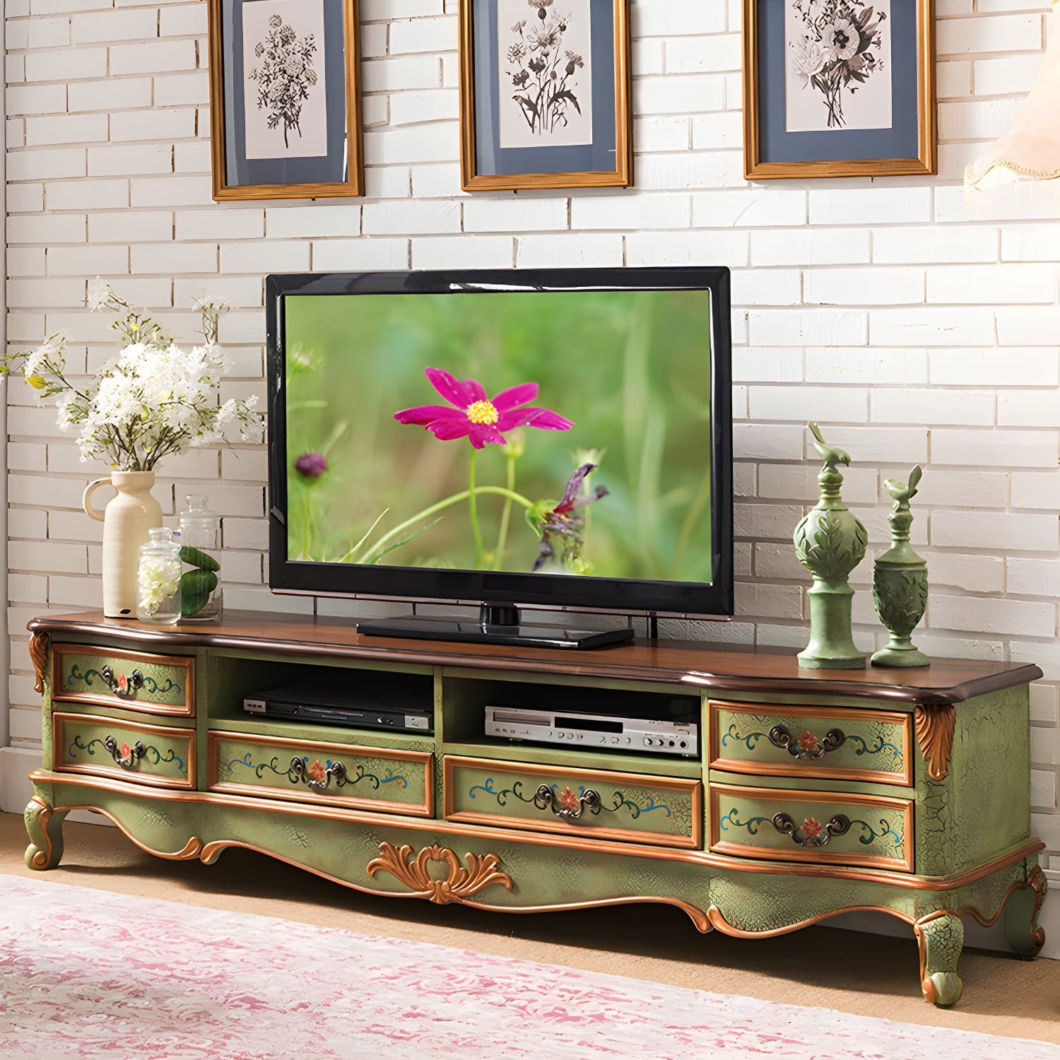 Vintage Birch Wood Media Console Matte Finish TV Media Stand with Drawers and Open Storage - image 3