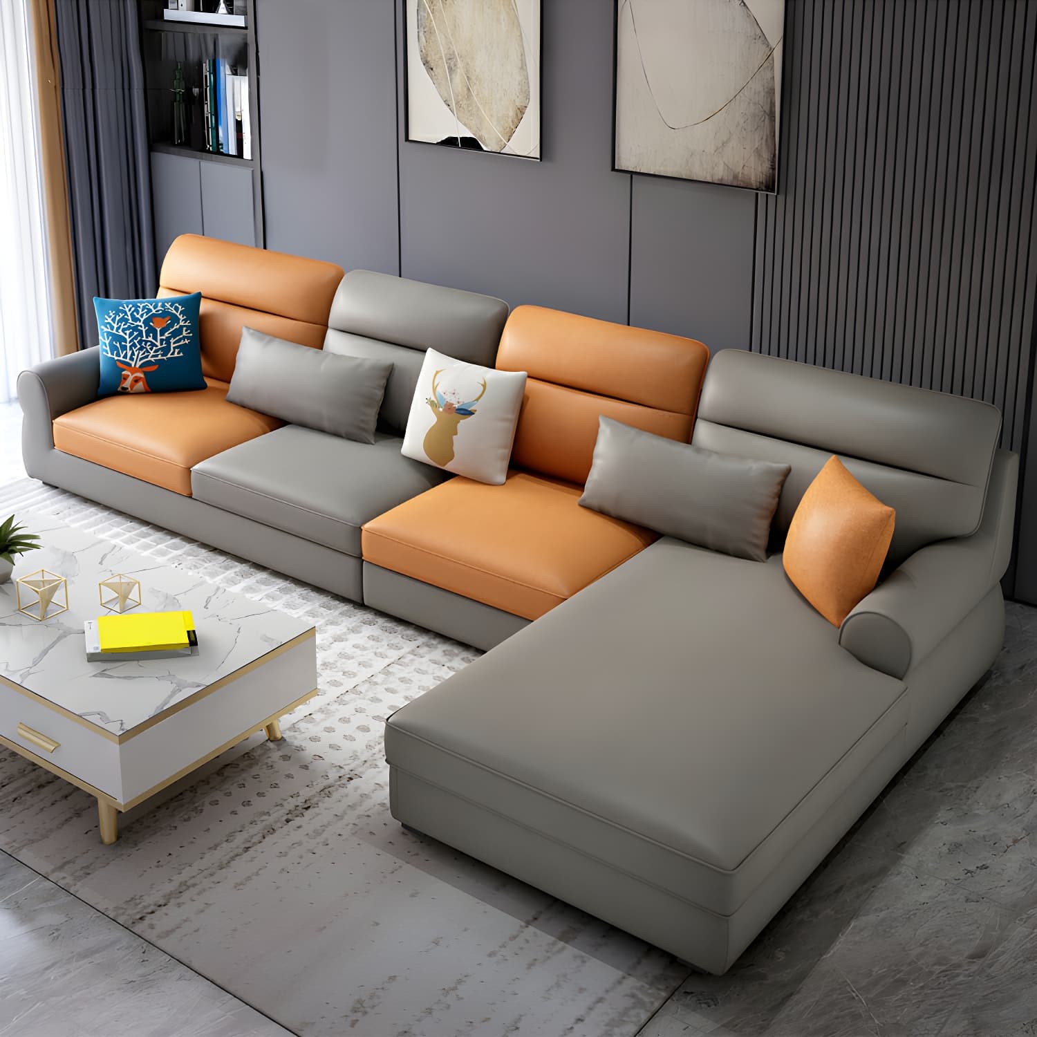 Large Modern L-Shape Stationary Wood Sectional Sofa with Round Arm and Cushion Back - image 15