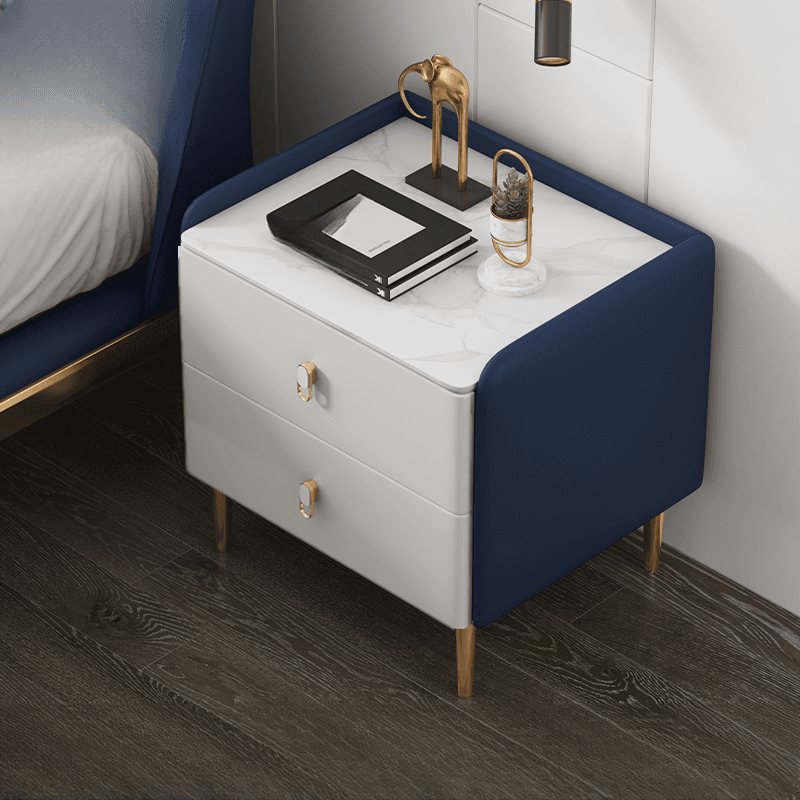Contemporary Nightstand with 2 Drawers, Pu Leather Countertop, and Leg Support