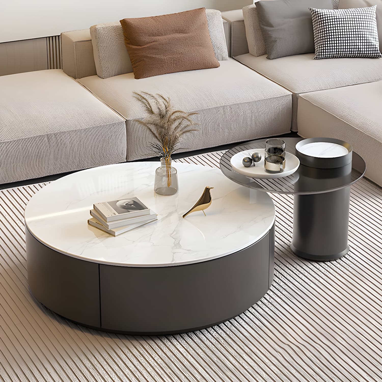 Stone Top Coffee Cocktail Table with Drawer Drum Contemporary Round - image 3