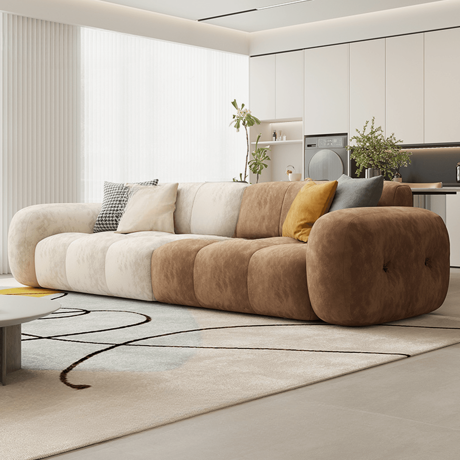 Channel Back L-Shape/Straight Right Hand Facing/Horizontal Sofa Recliner/Sofa Couch in Brown/Beige with Concealed Support & Pine Wood Frame for Living Room