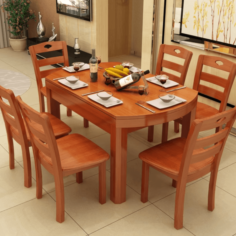 Dining Table Set with Rounded Wood Slab Top, 4 Legs, Drop Leaf, Back Seat, in White/Auburn/Amber Color