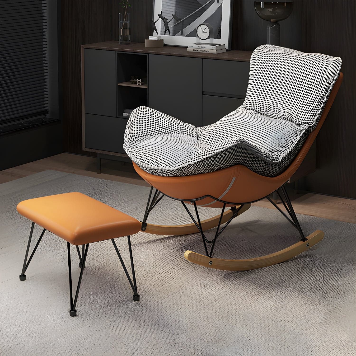 Wing Back Rocking Chair Solid Wood Rocker Chair with Ottoman - image 5
