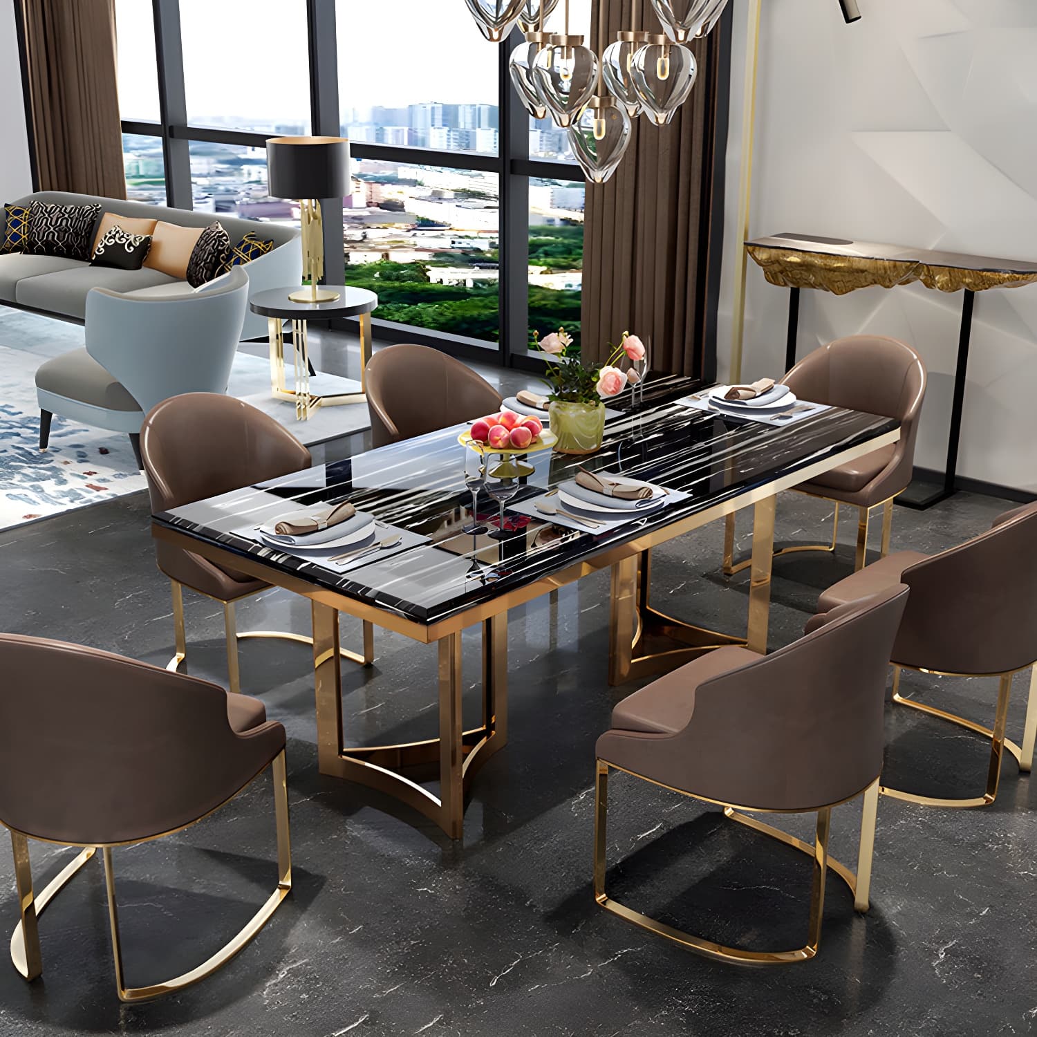 Traditional Luxury Dining Table Rectangle Double Pedestal Table with Gold Frame - image 15