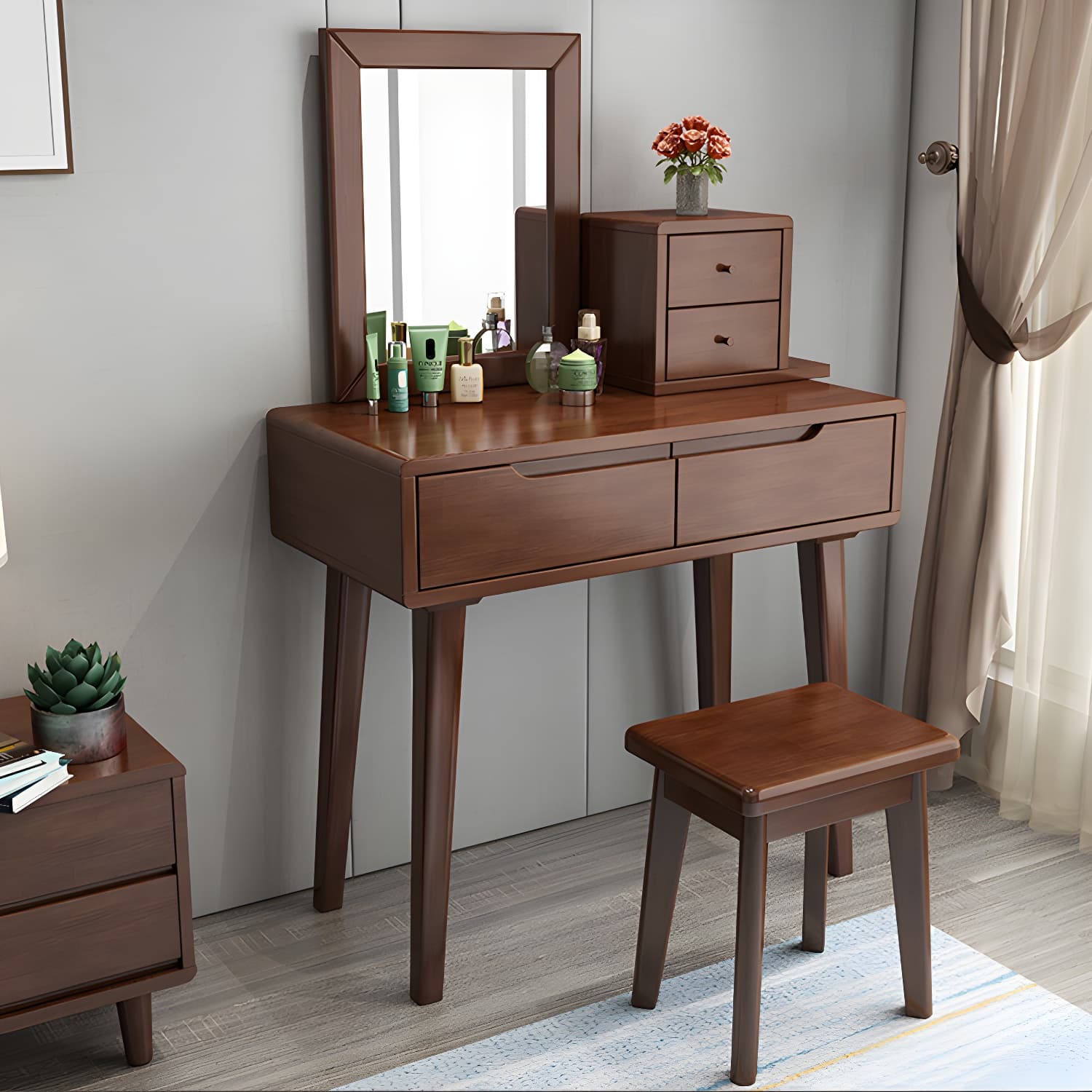Contemporary Solid Wood Makeup Table Vanity Stool with Drawers - image 11