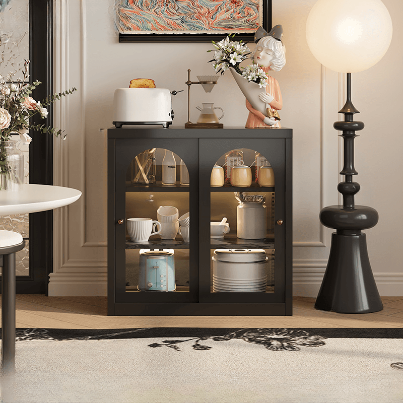 Simple Narrow Iron Countertop Sideboard with Cupboard, Glass Doors, and Changeable Shelf