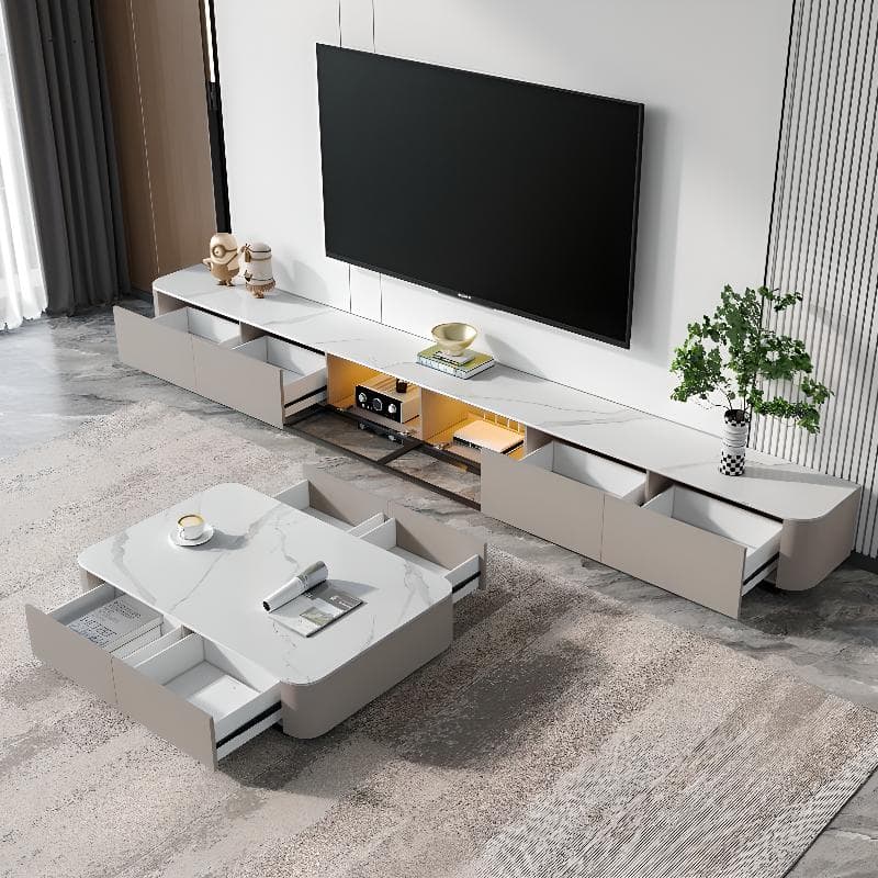 Modern White Stone Top TV Stand with Storage and Cable Management - image 4