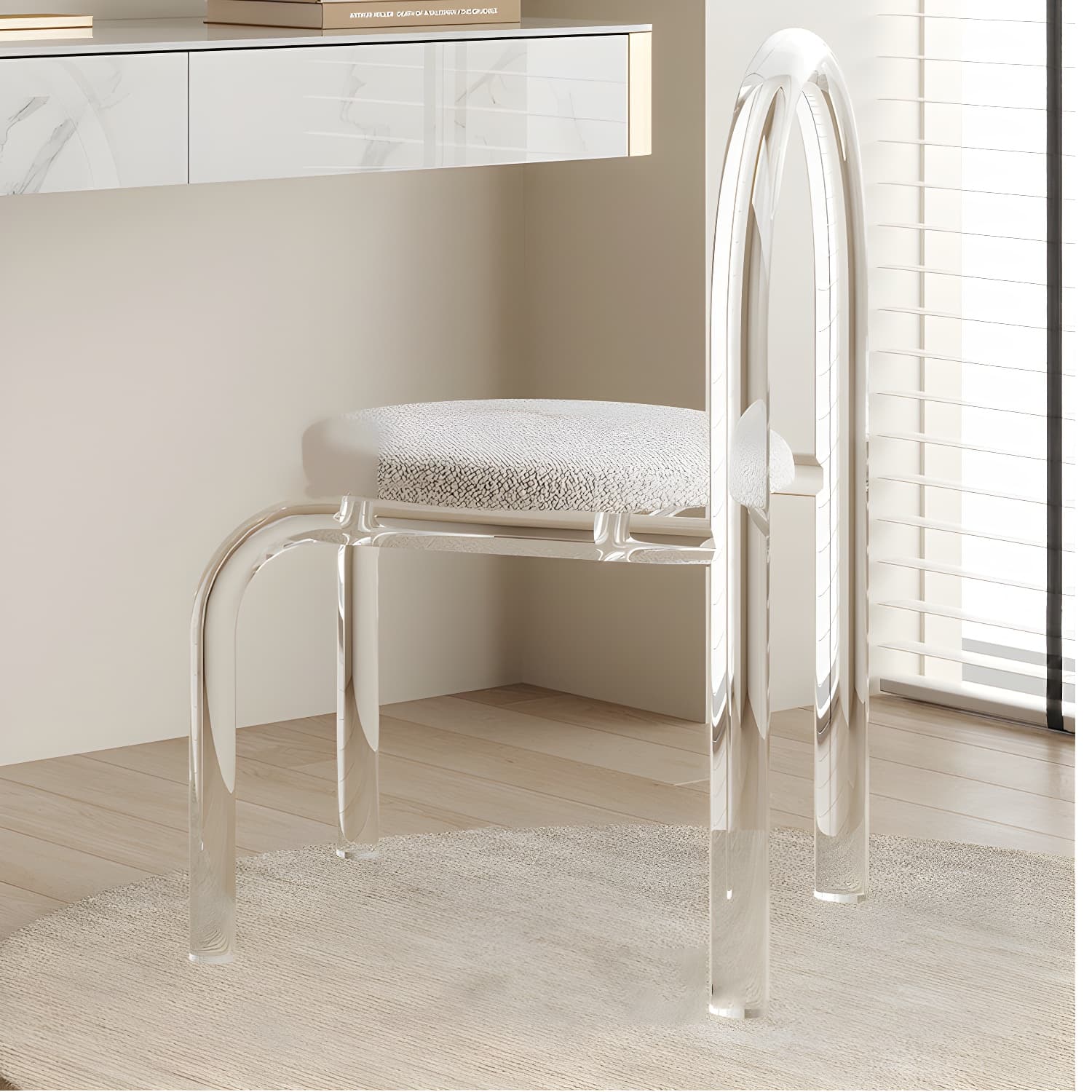 Wood Vanity and Stool in White Luxurious Stone Dressing Table - image 9