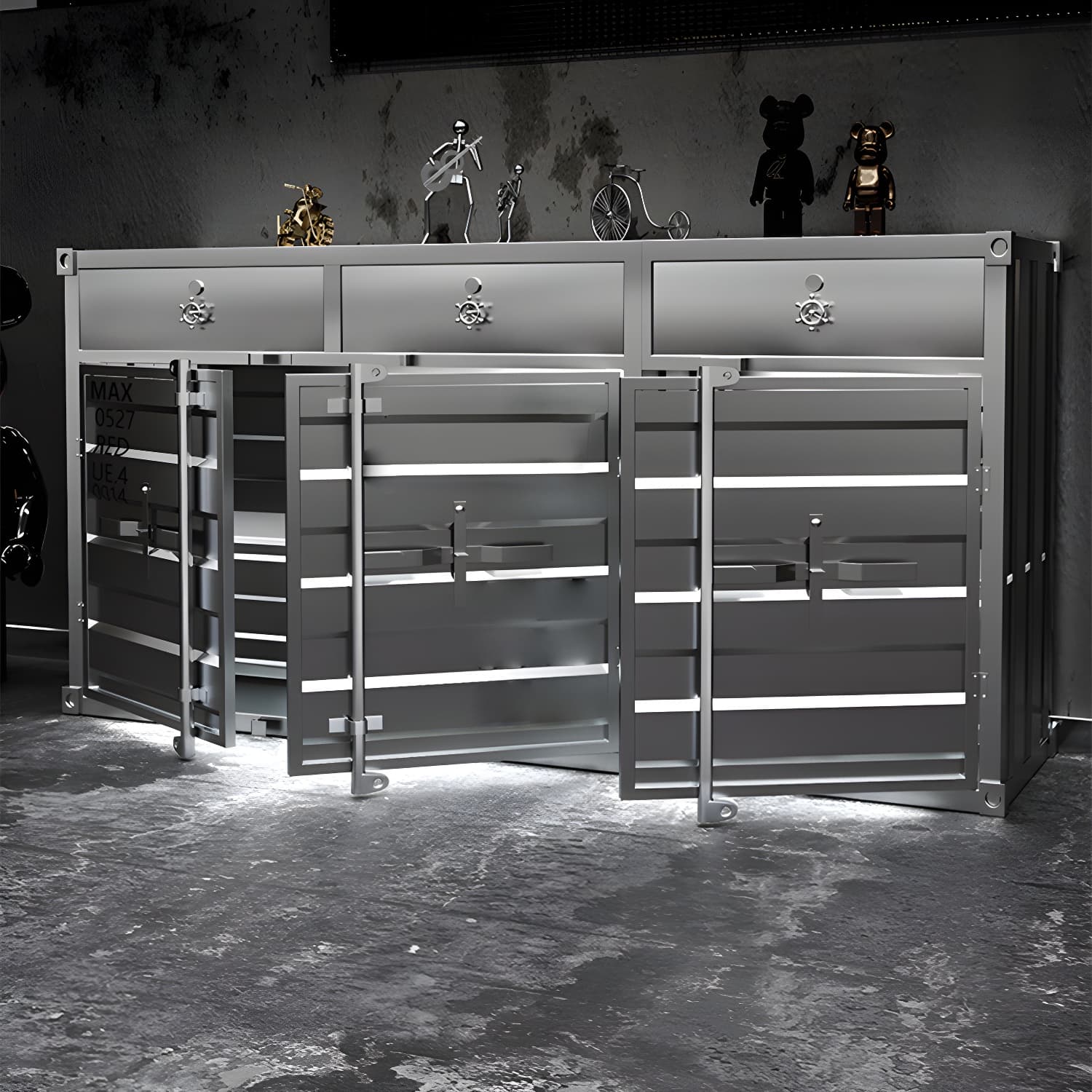 Industrial Silver Metal Sideboard Credenza with Cabinets and Shelves - image 4