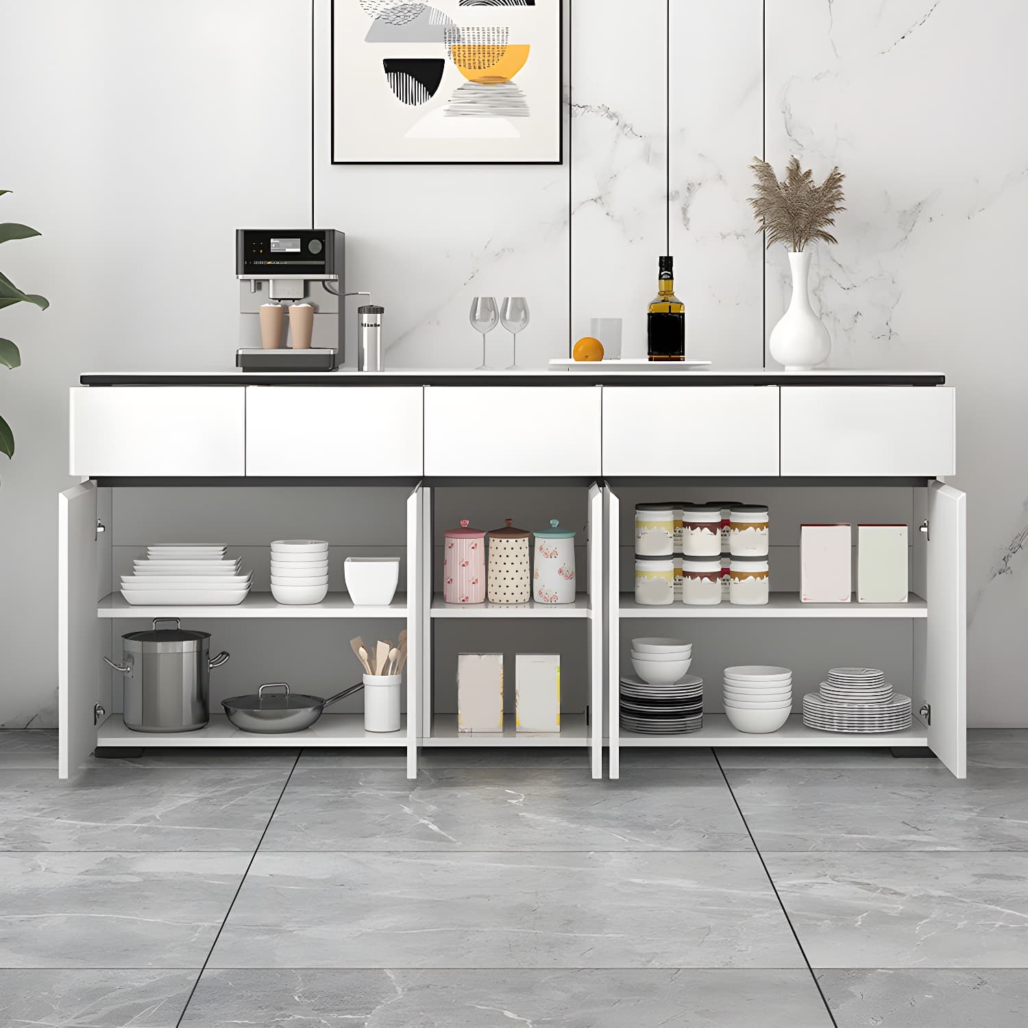 Modern White Sideboard with Glass Countertop, Cabinets, and Drawers