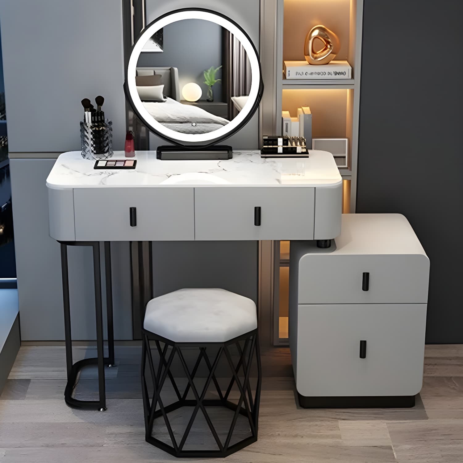 Modern Stone Top Makeup Vanity Desk with Solid Wood Storage Drawers - image 13