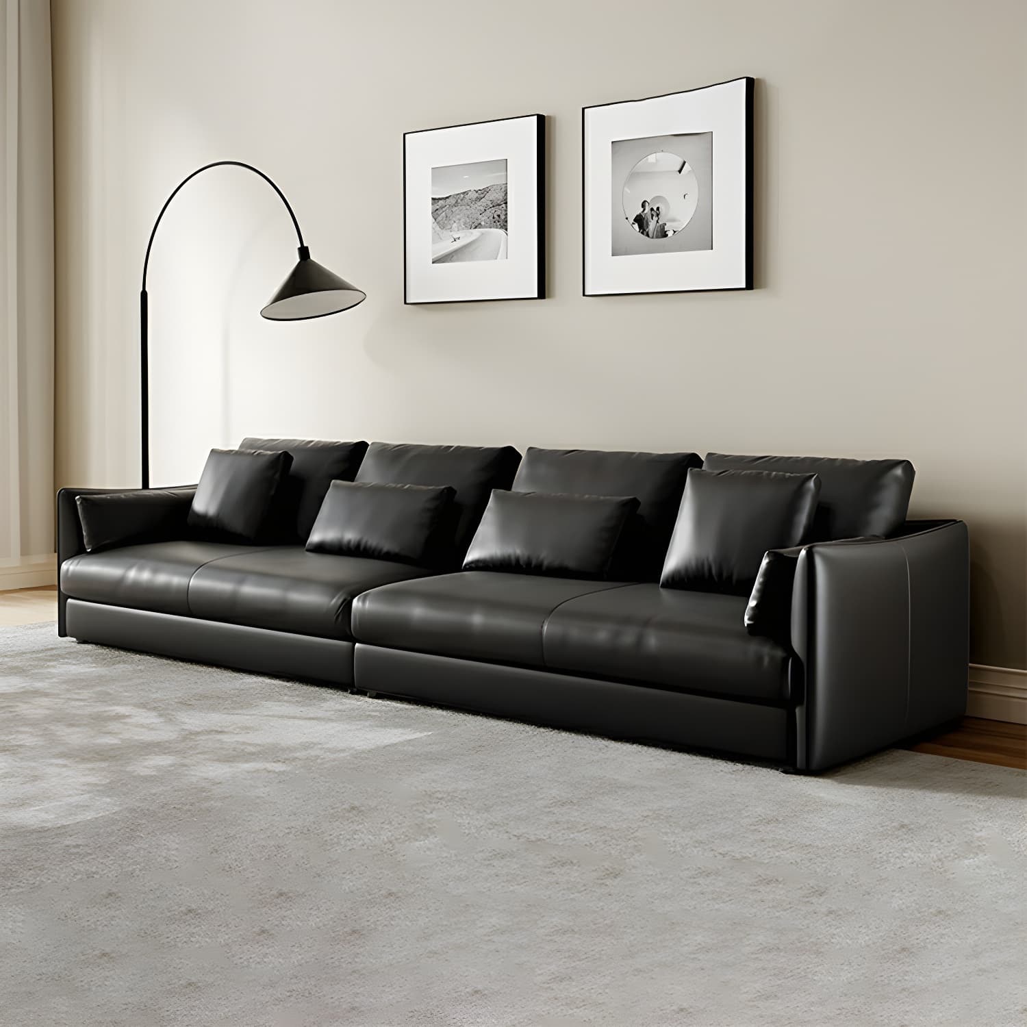 Modern Genuine Leather Sectional Sofa in Black with Recessed Arm