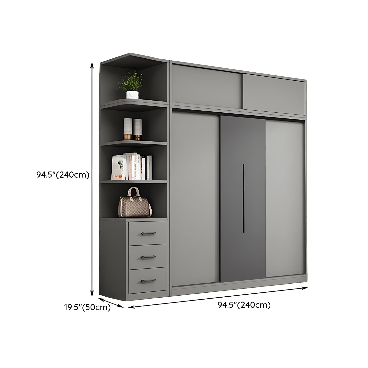 Contemporary Wood Grey Cloth Rod Included Wardrobe with Shelves - image 32