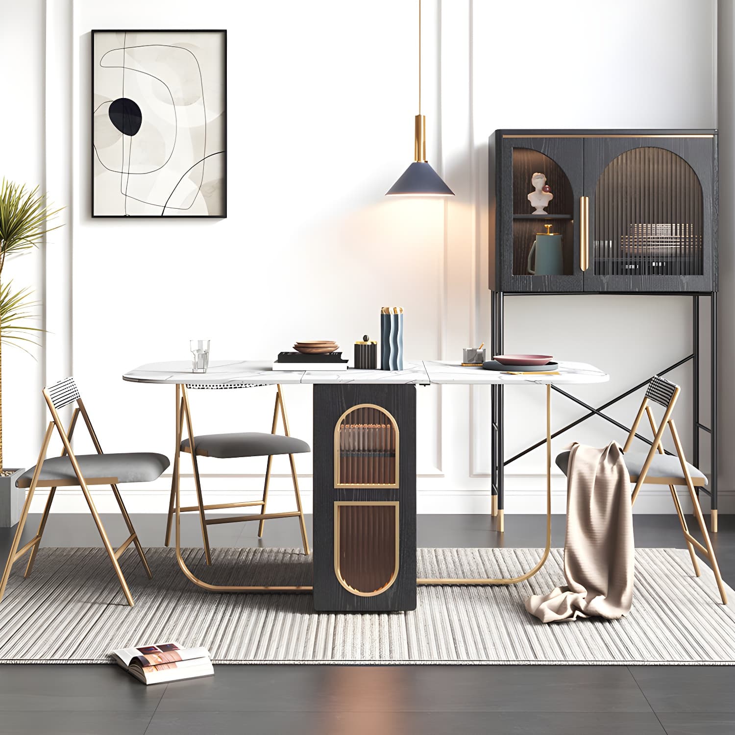 Modern 1/2/3/4/5 Pieces Rectangle Dining Table Set with Stone Top Foldable Dinette Set