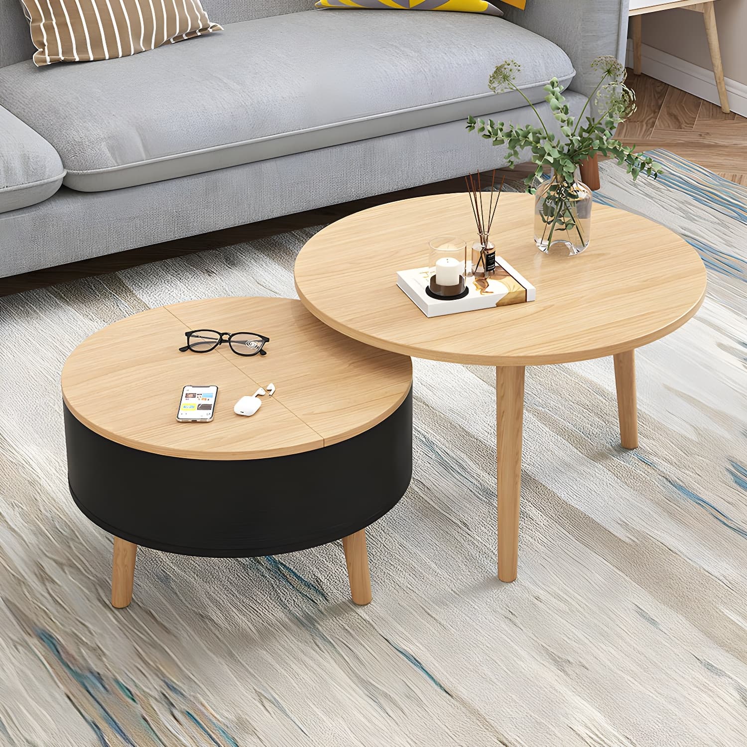 Round Solid Wood 3 Legs Coffee Table with Storage Drawers Modern Cocktail Table - image 6