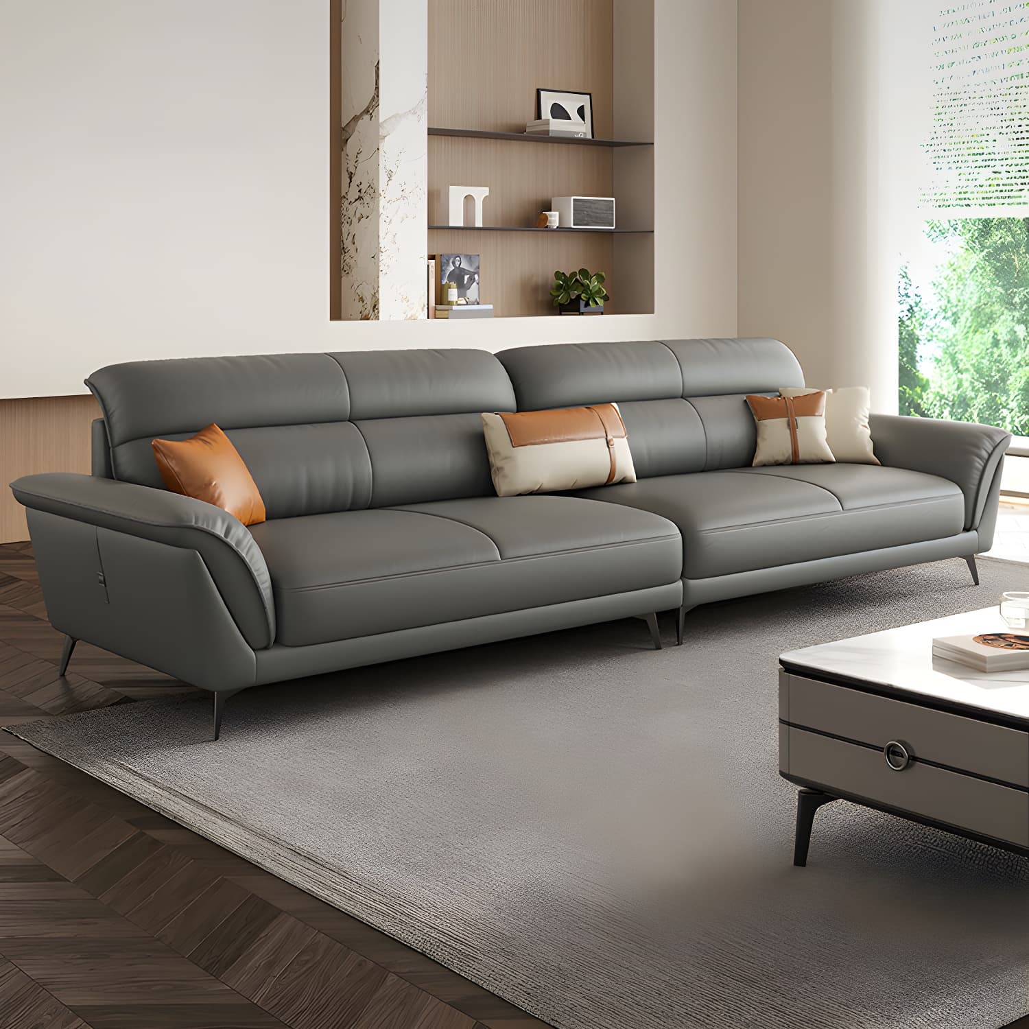 Modern Gray Leather Sectional Sofa with Flared Arms and Storage Not Included