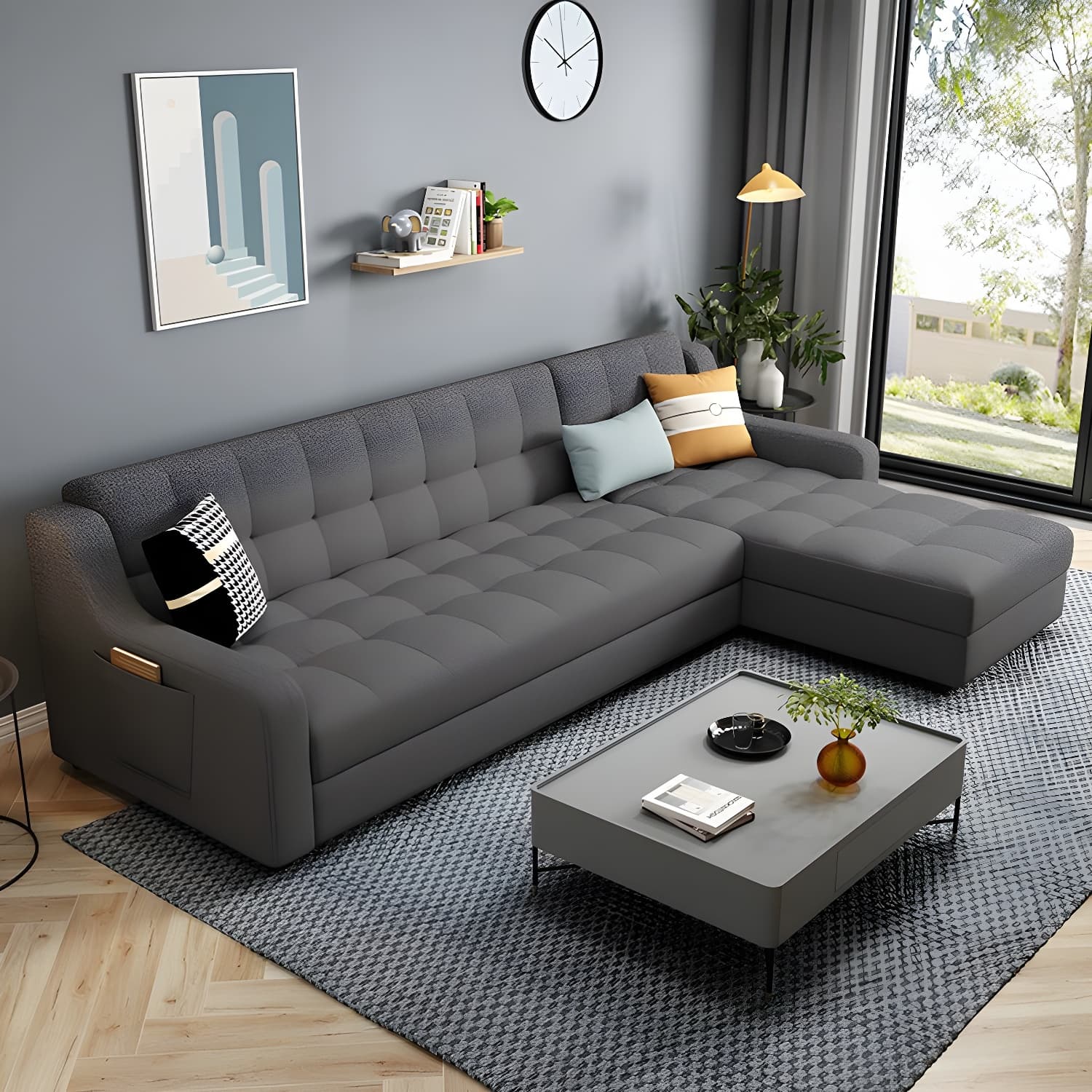 Modern Gray Linen Sleeper Sectional in Wood Frame without Nail Head Trim - image 3