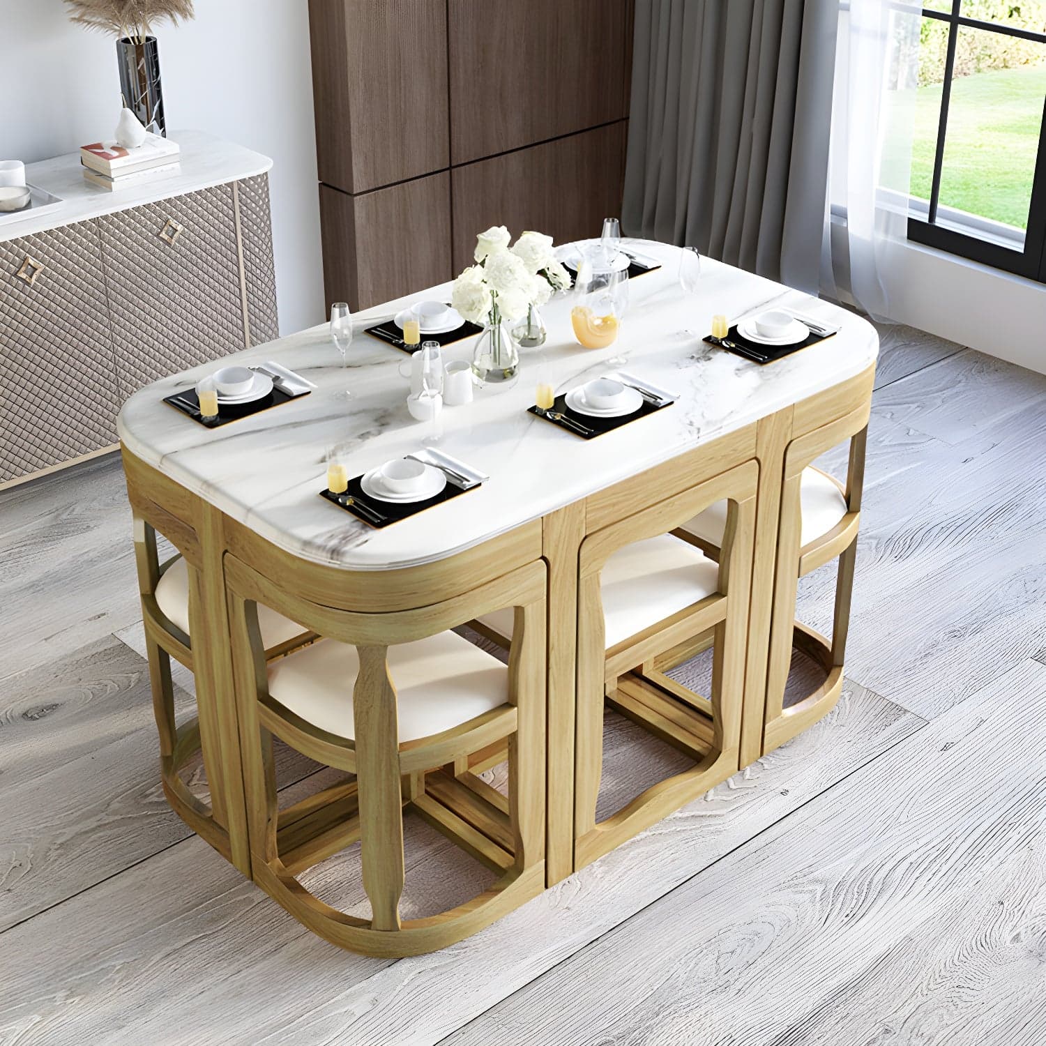 7-Piece Modern Wood Dining Set with Trestle Base and Upholstered Chairs in White - Seats 6 - image 5