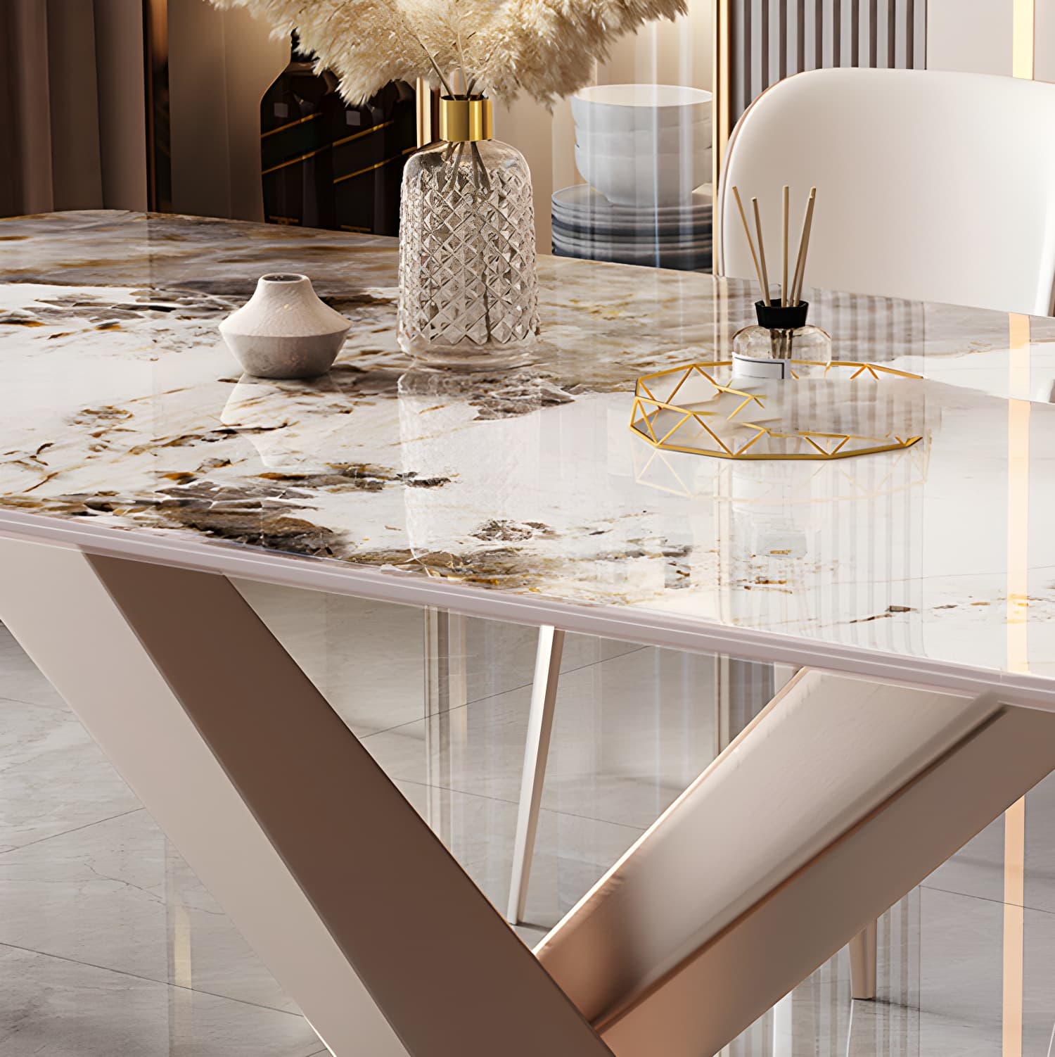 Modern Sintered Stone Top Dining Set Rectangle 1/2/5/7 Pieces Dinette Table Set in Gold - image 8