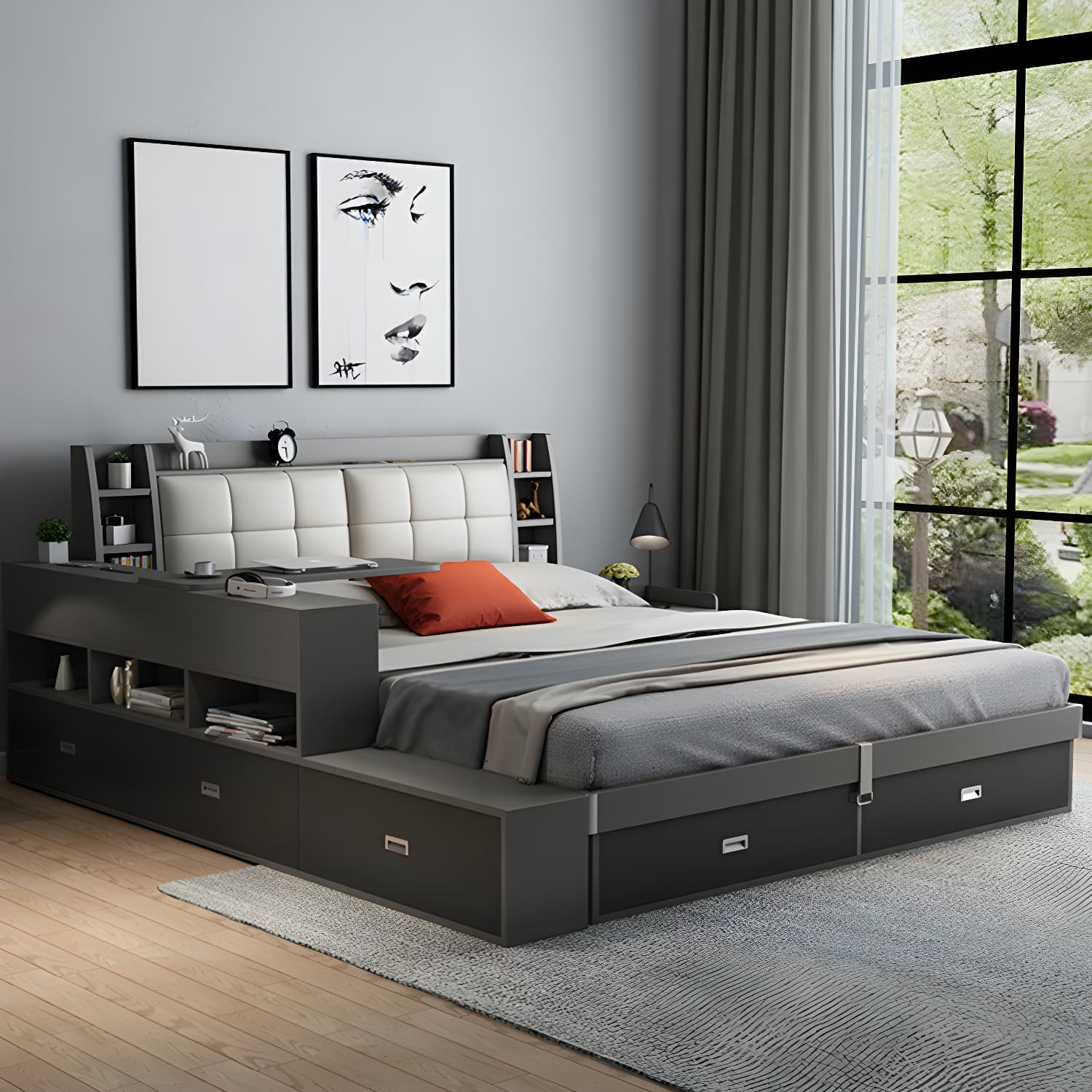 Upholstered Headboard Standard Bed with Storage Gray Wood 38.58" High - image 4