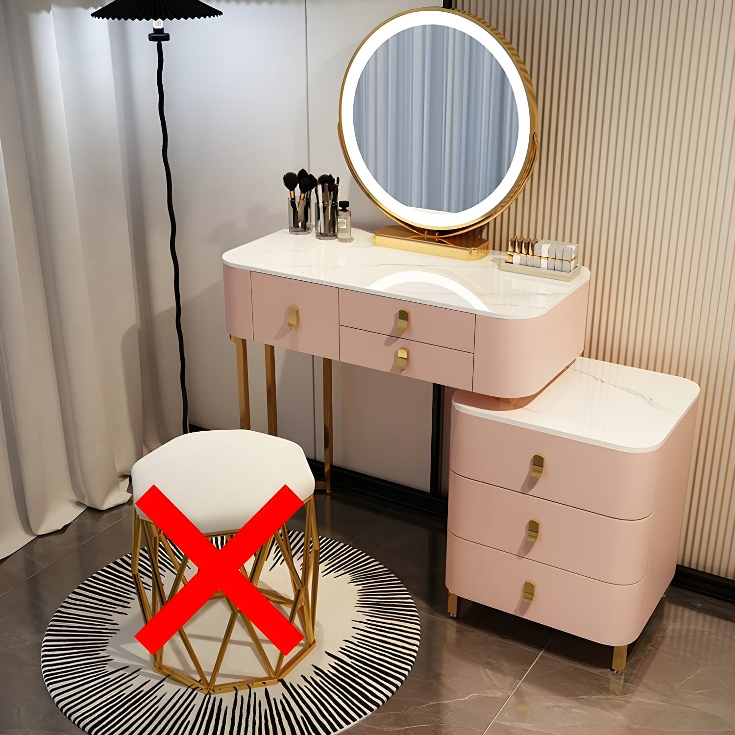 Contemporary Make-up Vanity with Stone Top and Storage Drawers