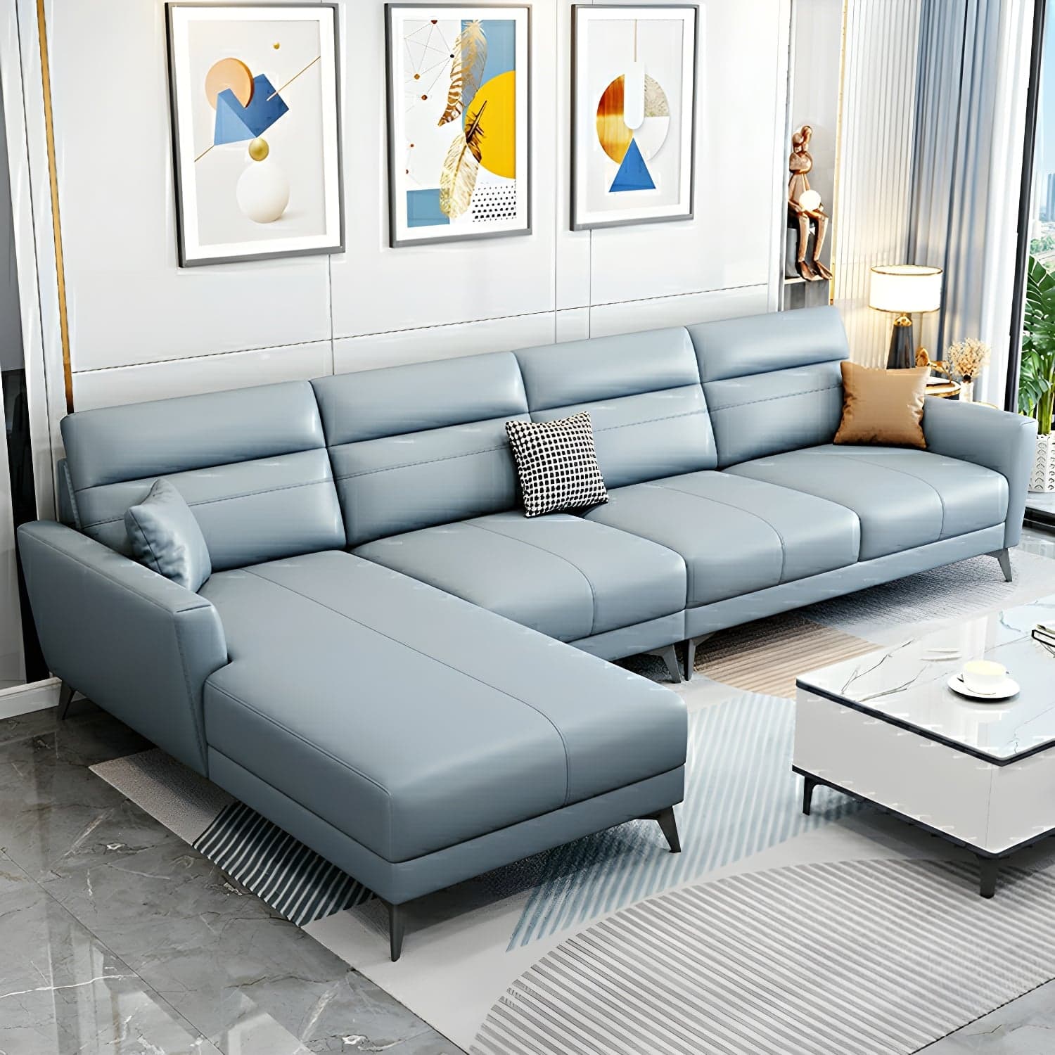 Modern L-Shape Stationary Sectional Sofa Chaise with Flared Arm Design
