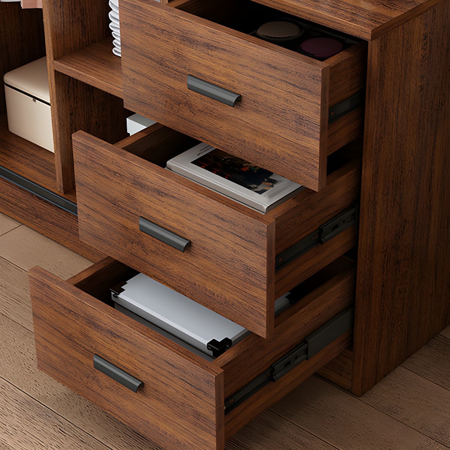 Contemporary Brown Wood Wardrobe Armoire with Clothing Rod & Shelves - image 6