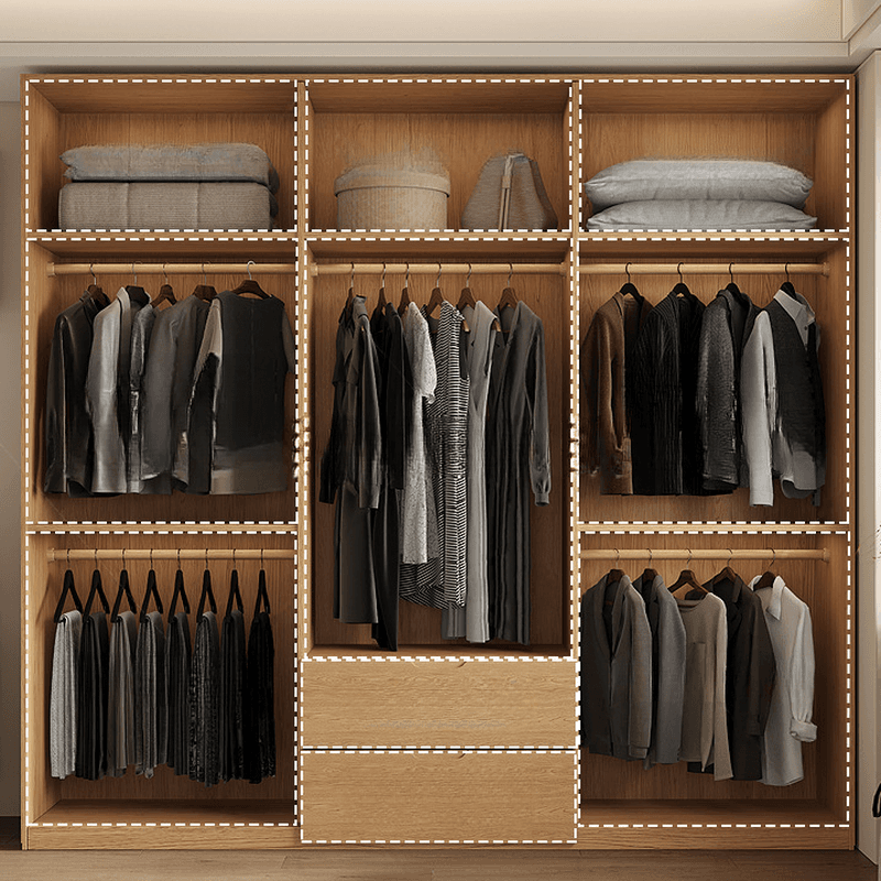 Natural Finish Minimalist Oak Wood Cabinet Armoire with Soft Close Drawer, Soft Close Door, Interior Shelves, and Clothing Rod