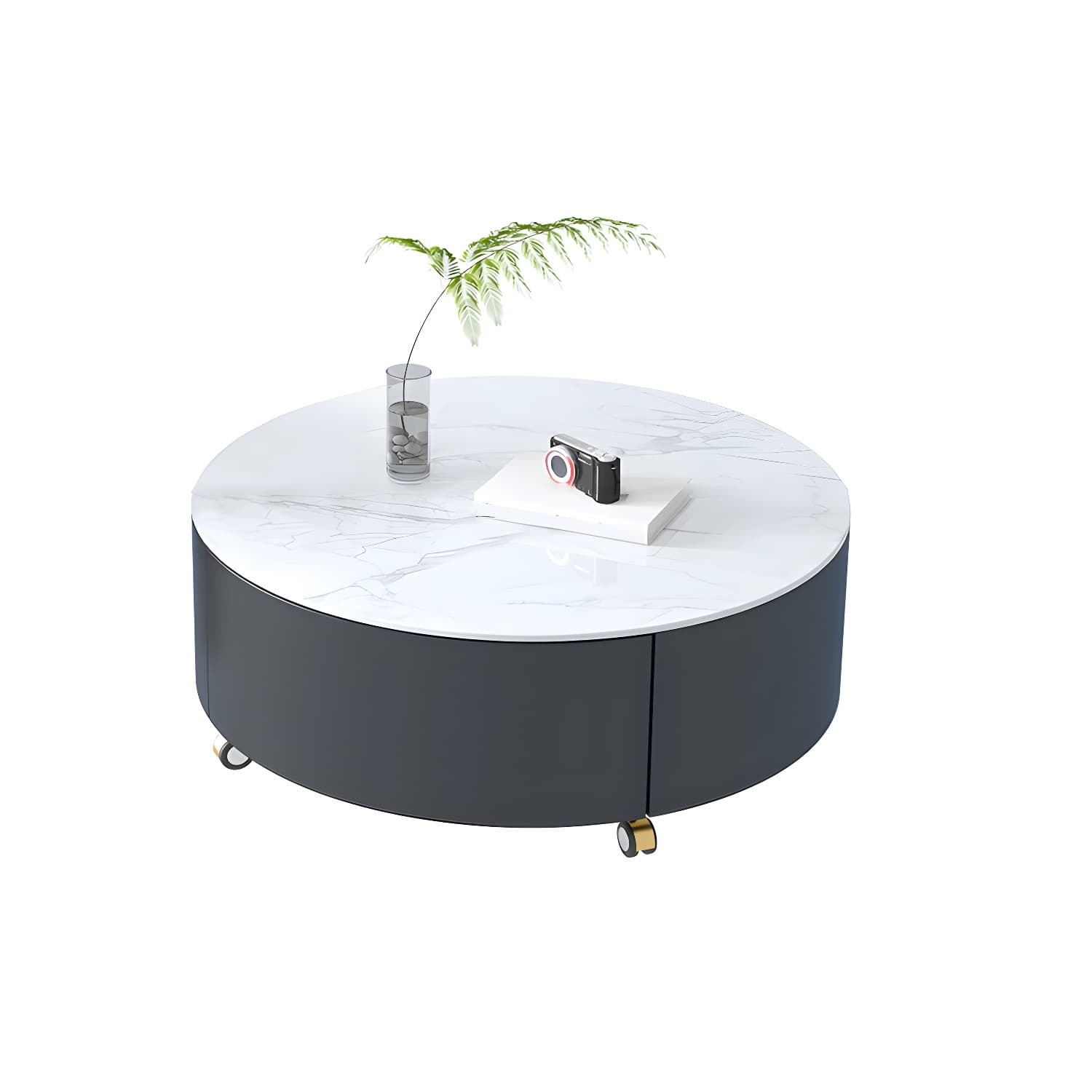 Stone Top Coffee Cocktail Table with Drawer Drum Contemporary Round - image 10