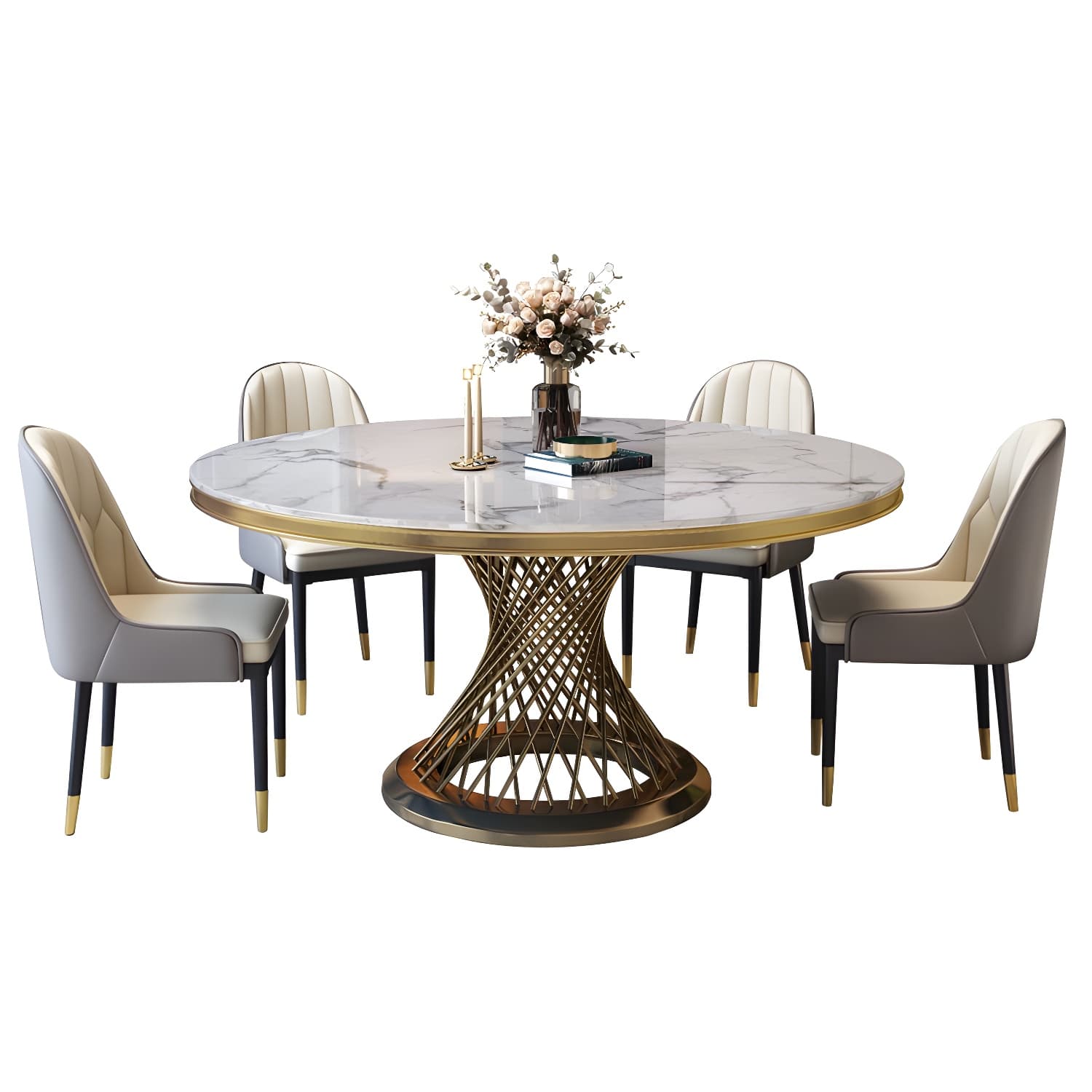 Round White Marble Modern Dining Table with Gold Steel Pedestal Base - image 6