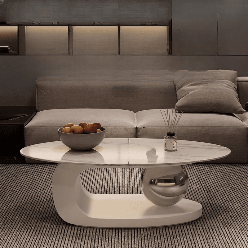 Luxurious 1 Tier Stone Top Elliptical Side Table with Abstract Base in Chalk for Home - image 3
