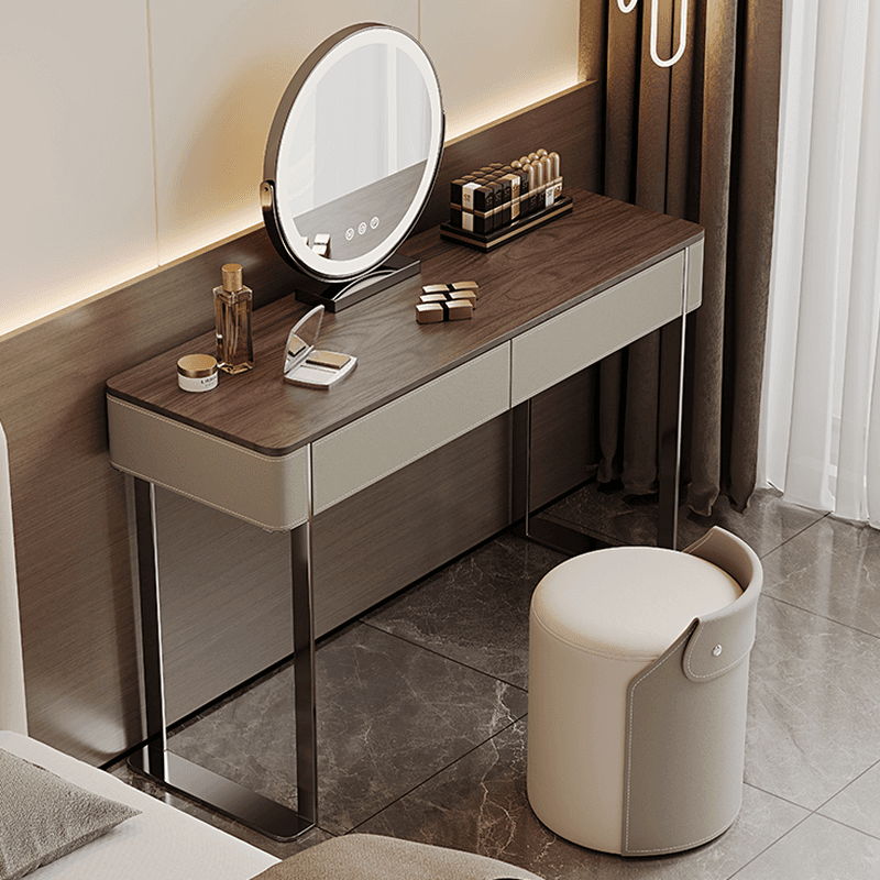 Modish Standard Vanity Set with Timber Table Top, White Chair, 2 Drawers, and Mirror Lights