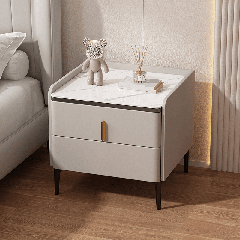 Minimalist 2 Tiers Drawer Storage Bedside Table with Faux Marble Countertop
