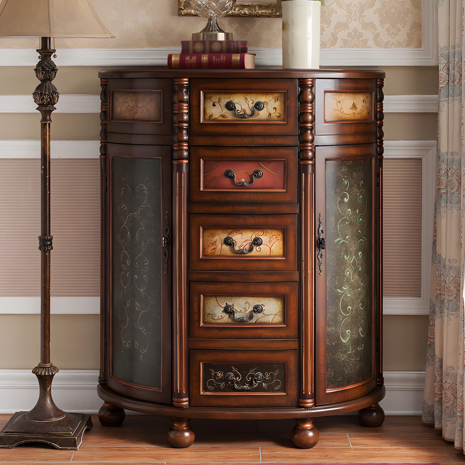 Industrial Bombe Accent Cabinet with Drawers and 2 Doors in Solid Wood