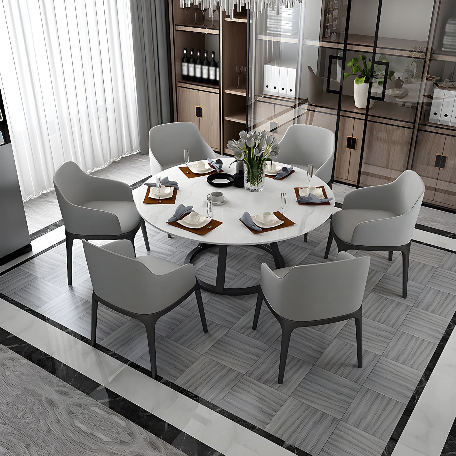 Contemporary Round Dining Table Sintered Stone Top Iron Pedestal Table - image 5