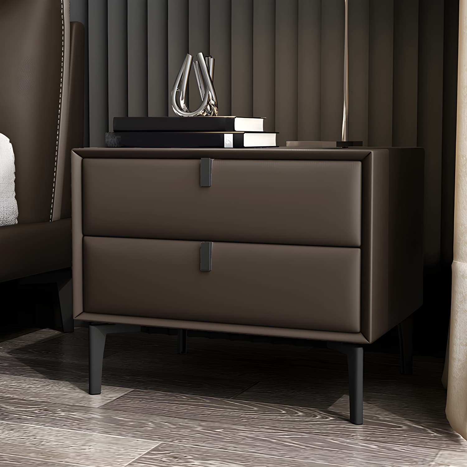 Pine Frame Two Drawers Leather Multicolor Choice of Black Table Foot Nightstand - image 4