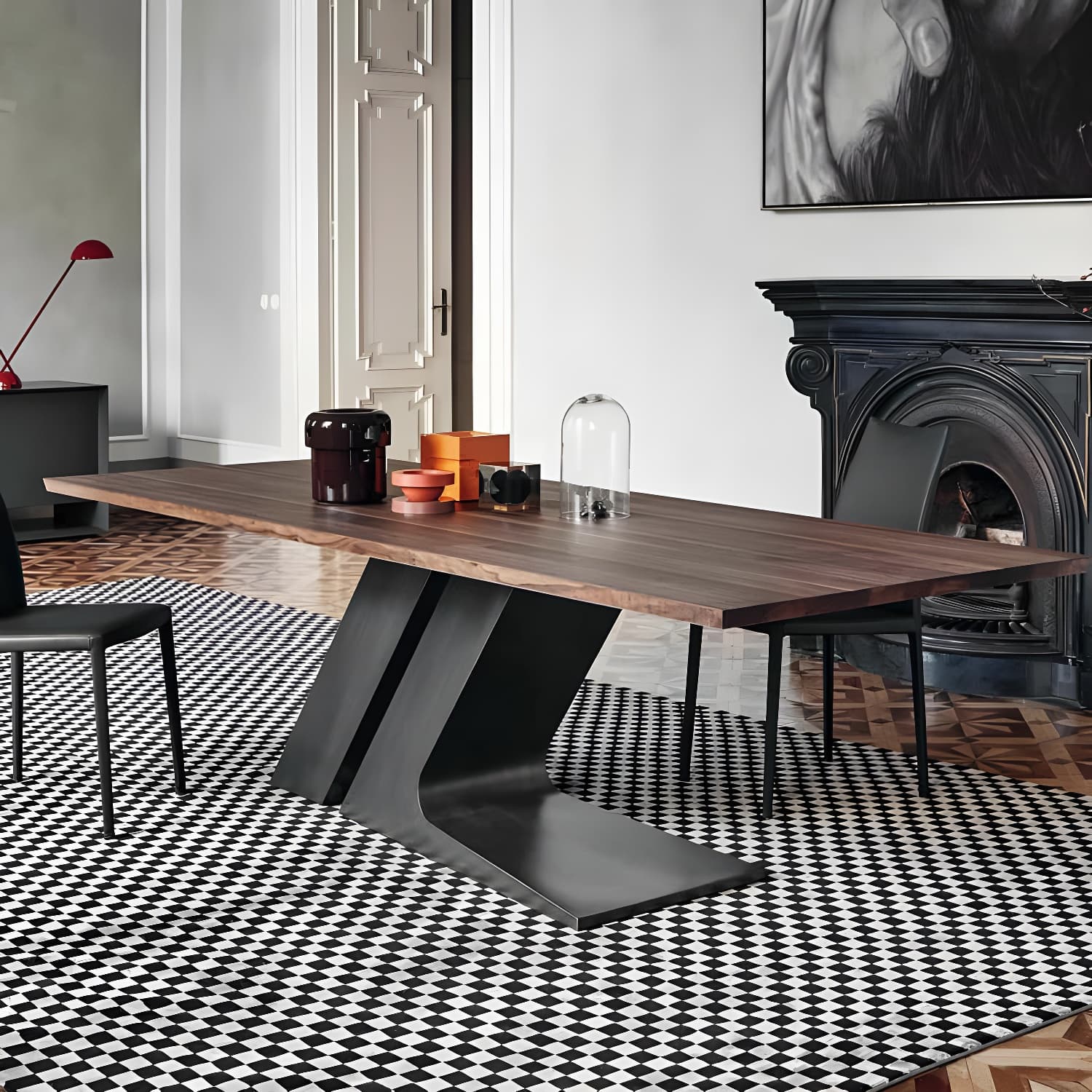 Modern Black Rectangle Wood Top Kitchen & Dining Table with Pedestal Base in Iron