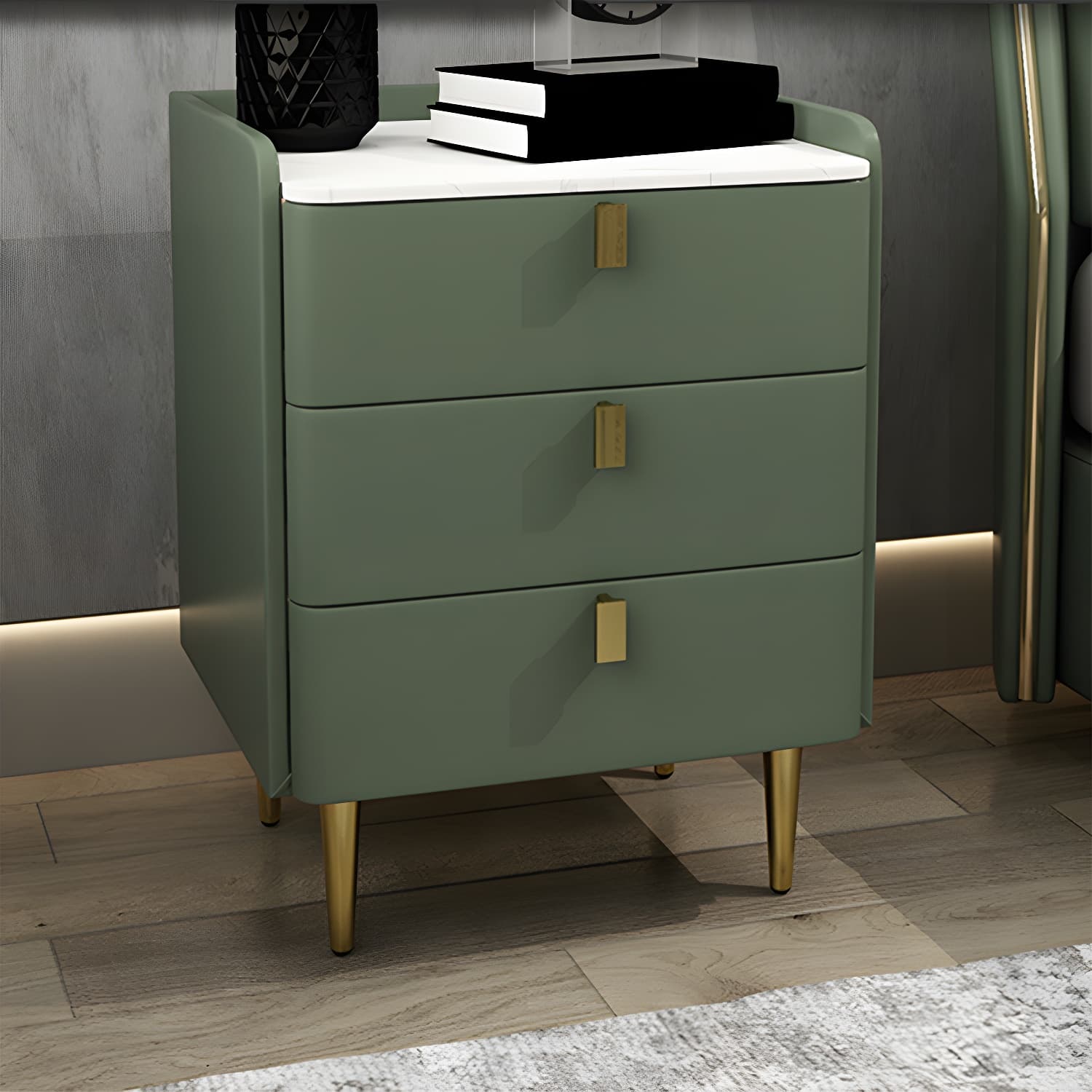 Faux Leather Nightstand Modern 3 - Drawer Nightstand with Stone Top