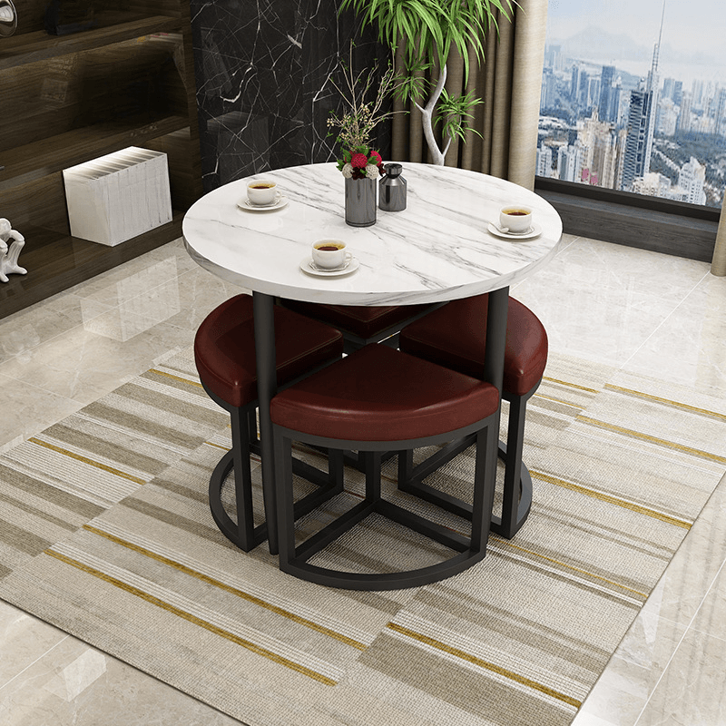 Reclaimed Wood Round Dining Table Set with Metal Toboggan Base and Upholstered Backless Chairs for 4 People - image 31