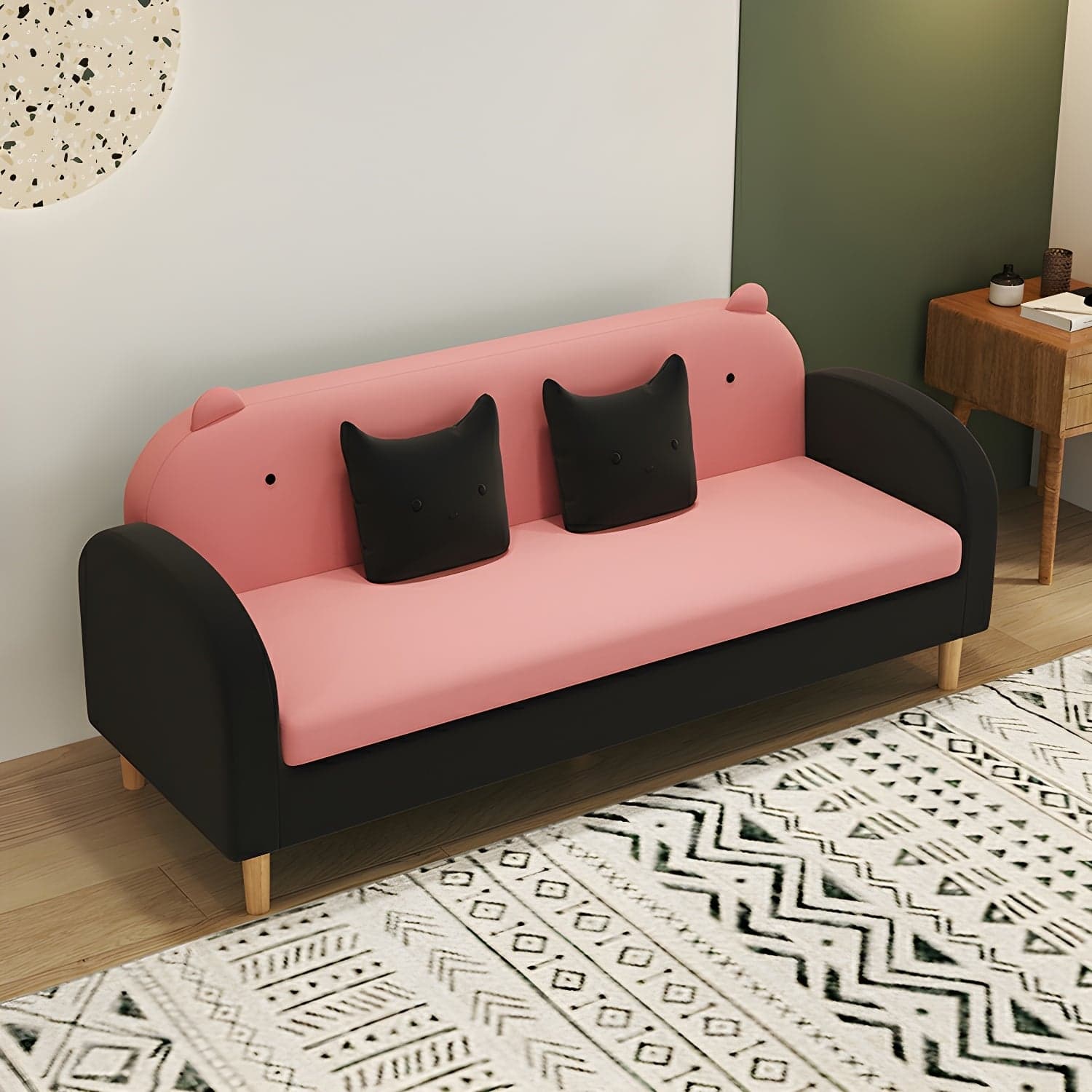 Art Deco Natural Wood Finish Framed Sofa Couch with Recessed Arm, Slipcover and 2 Pillows - image 4