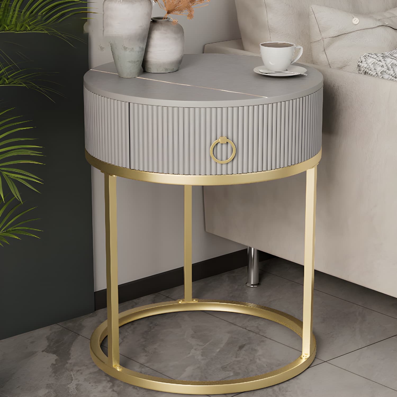 Open Storage Bed Nightstand Stone Bedside Cabinet with Drawer - image 4