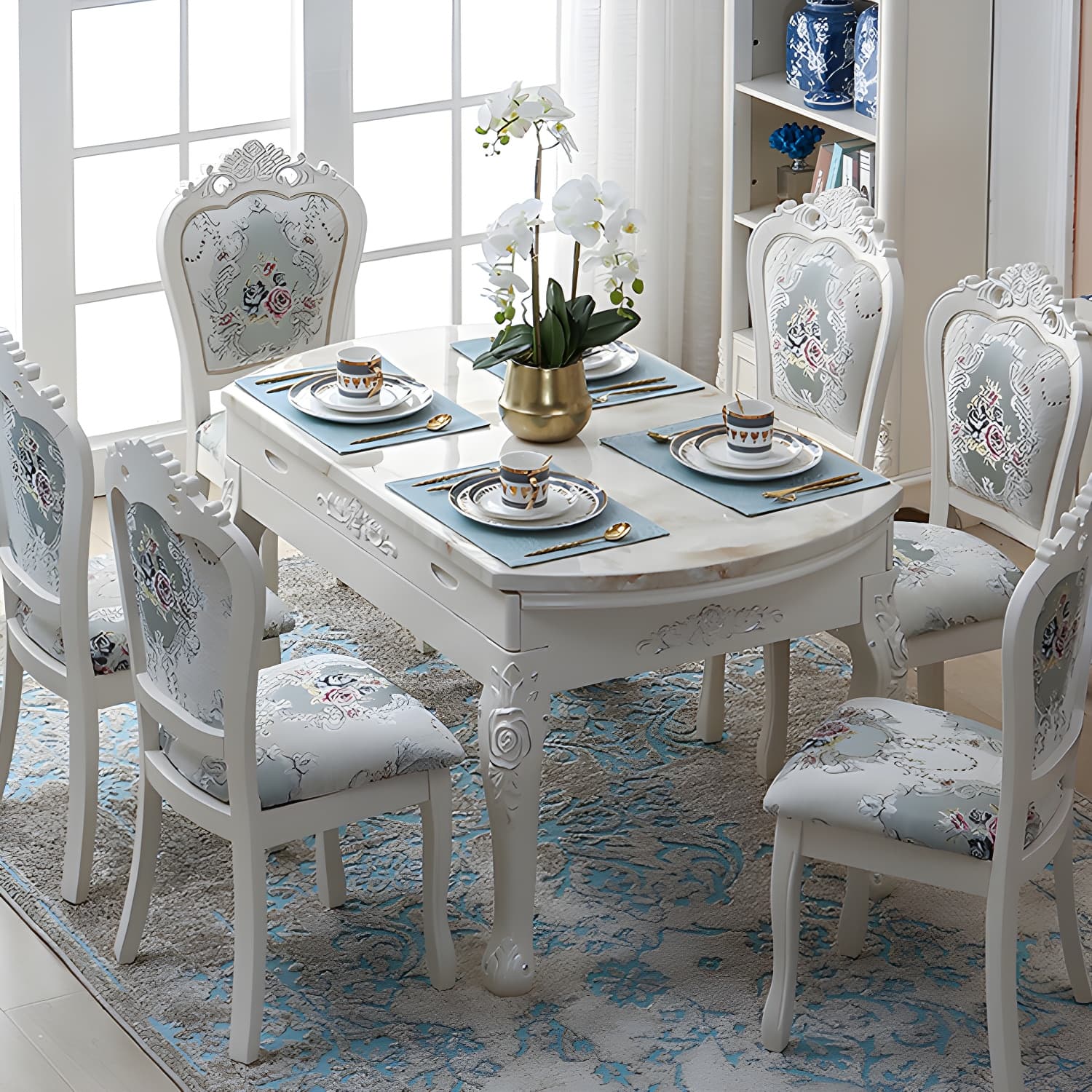 Victorian Dining Room Set Standard Height with Rectangle Top 4 Legs Base Dining Furniture