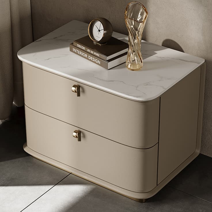 Modern Faux Leather Drawer Storage Nightstand with Stone Table Top - image 14