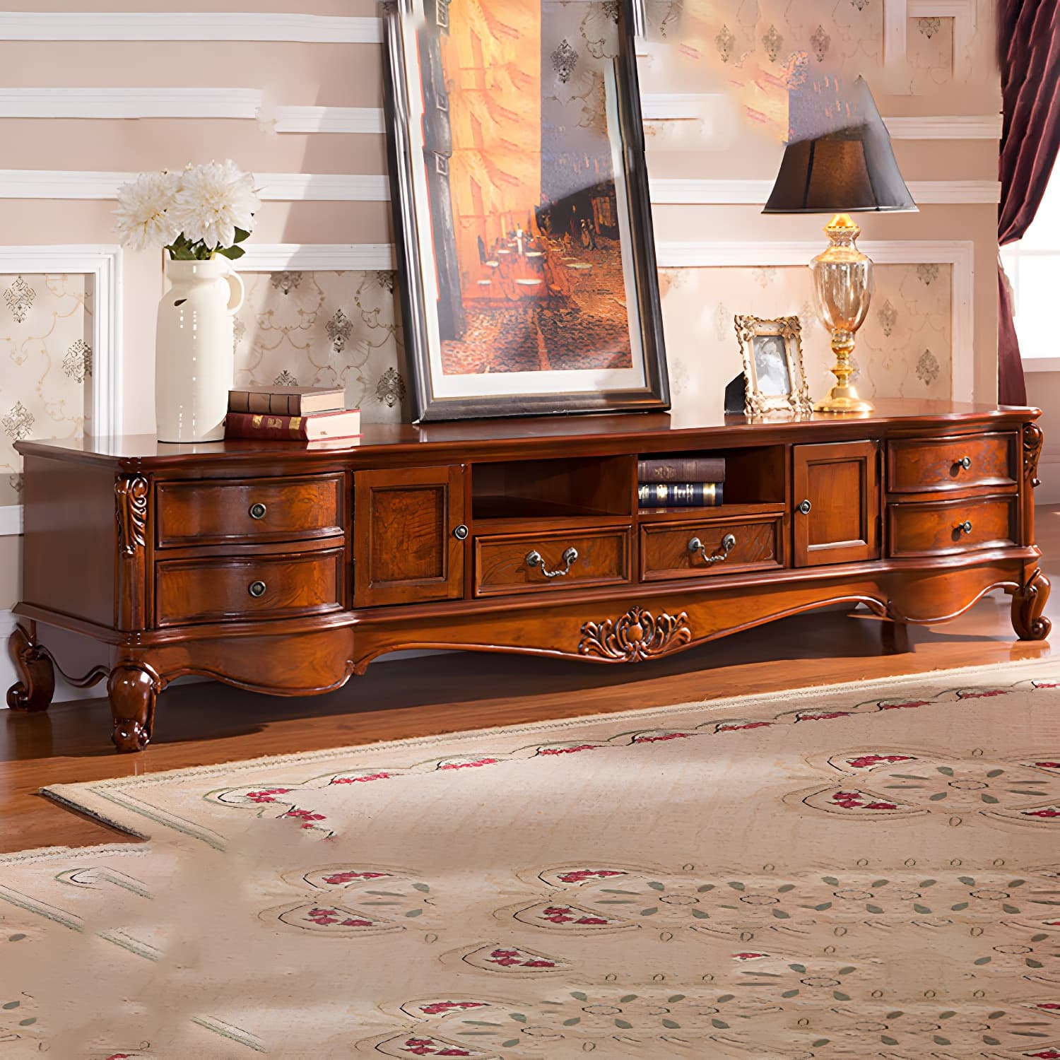 Solid Wood TV Console Traditional Enclosed TV Cabinet with Glide Drawers - image 3