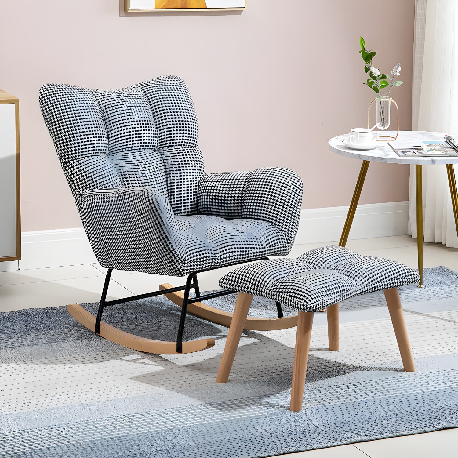 Fabric Rocking Chair Color Panel Contemporary Tufted Cushions Rocker Chair with Ottoman