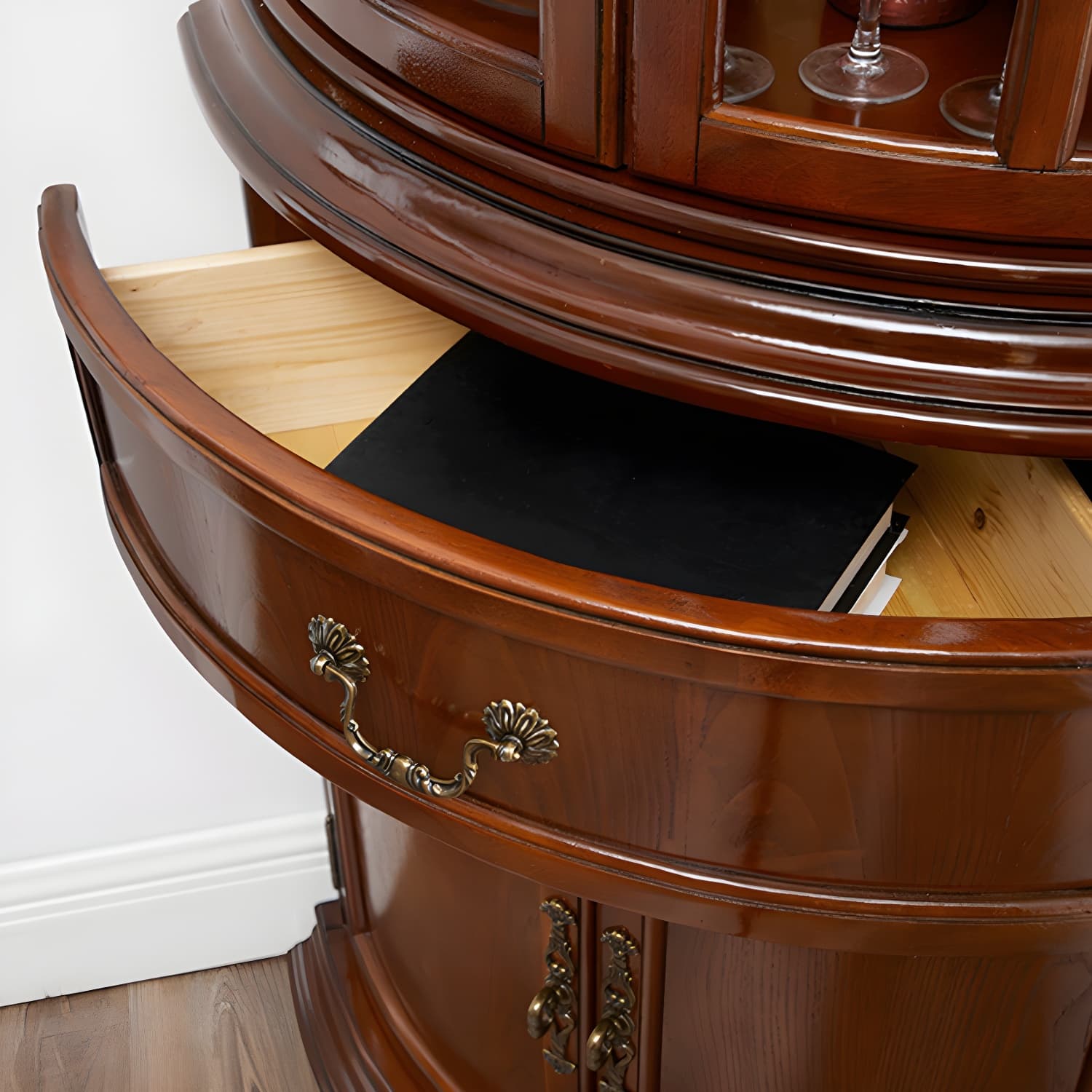 Mid-Century Modern Corner Accent Cabinet with Brown Wood Countertop, Glass Door & Cabinet Storage - image 10
